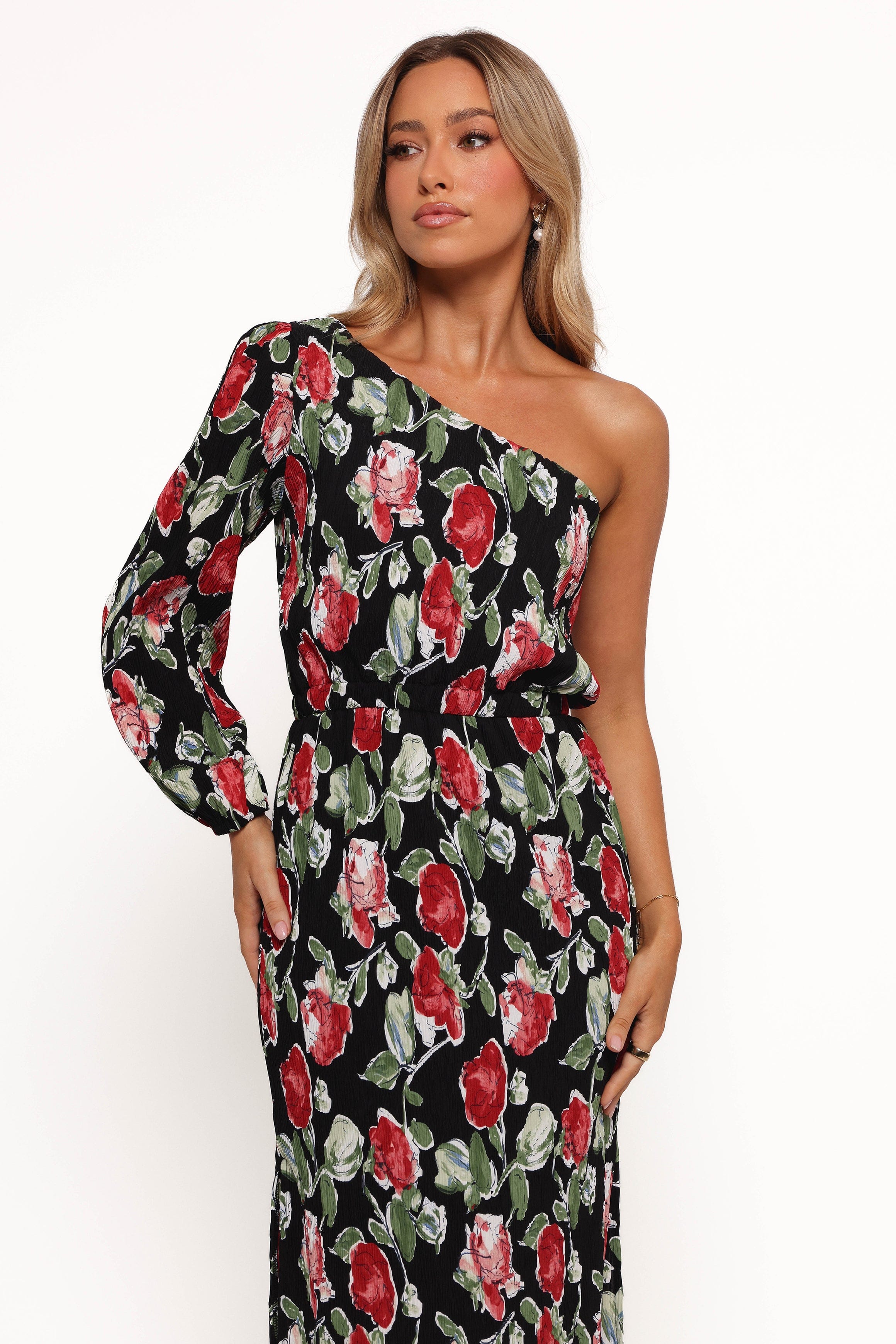 Petal and Pup USA DRESSES Pontee One Shoulder Pleated Midi Dress - Black Rose Print