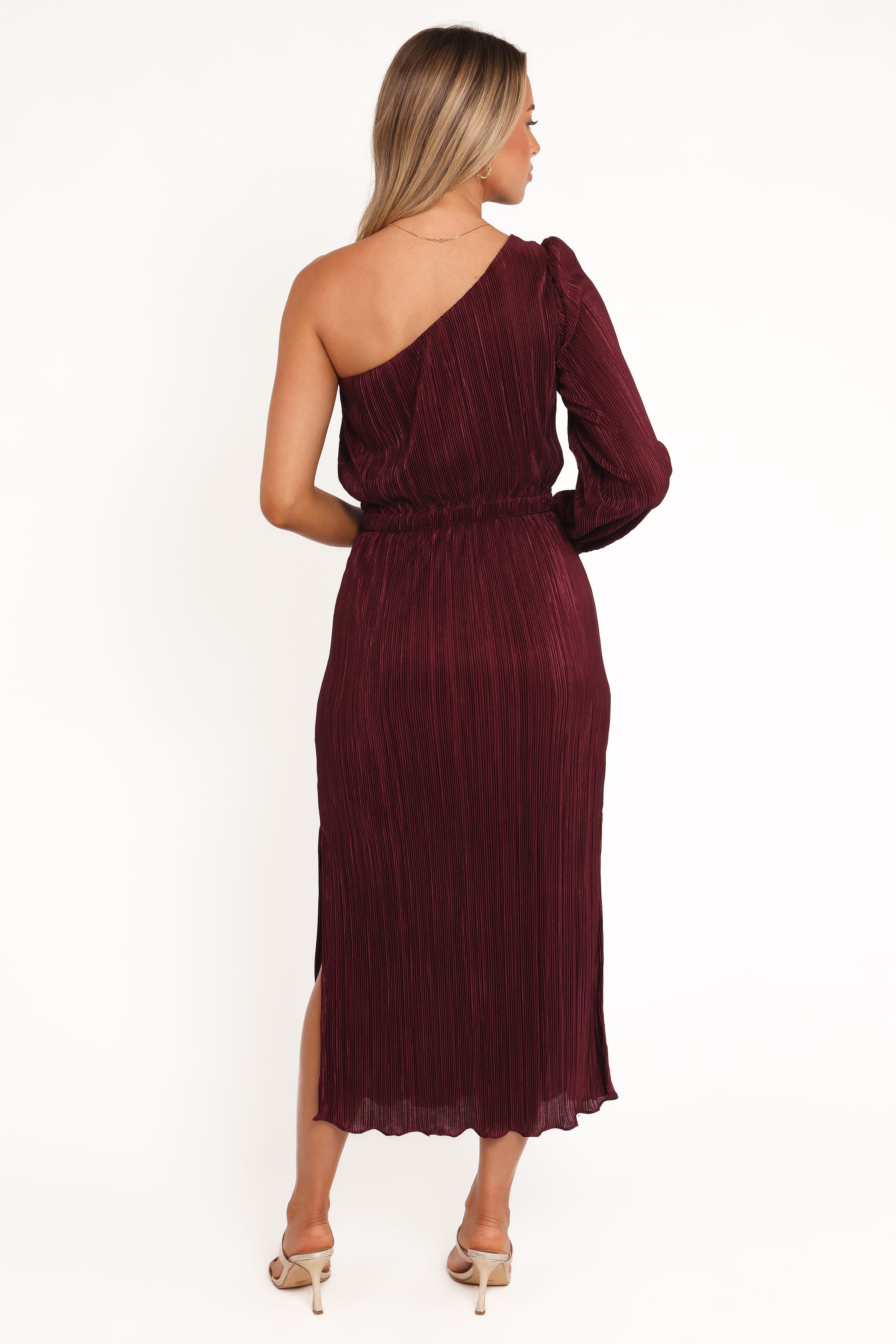 Petal and Pup USA DRESSES Pontee One Shoulder Pleated Midi Dress - Burgundy