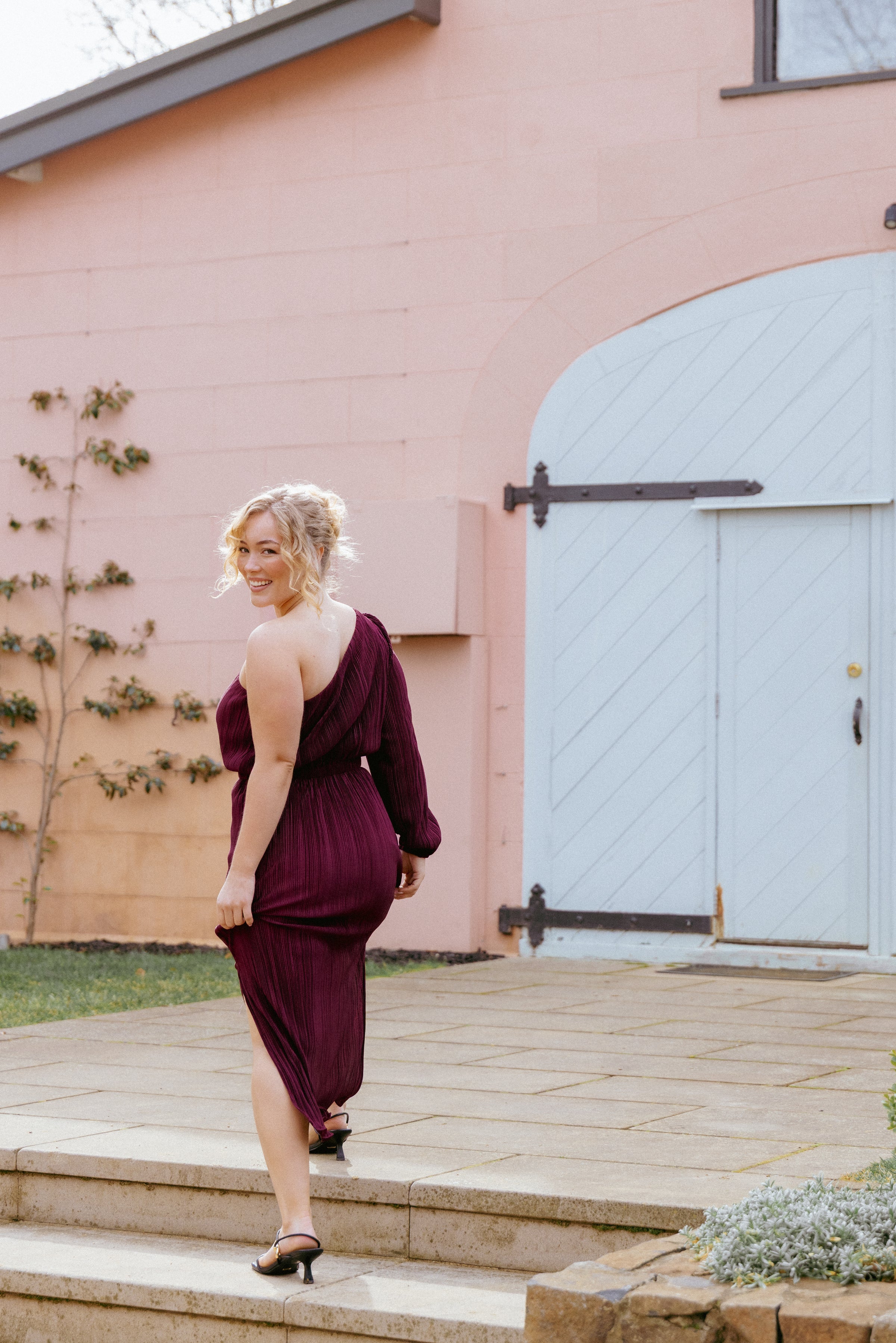 Petal and Pup USA DRESSES Pontee One Shoulder Pleated Midi Dress - Burgundy