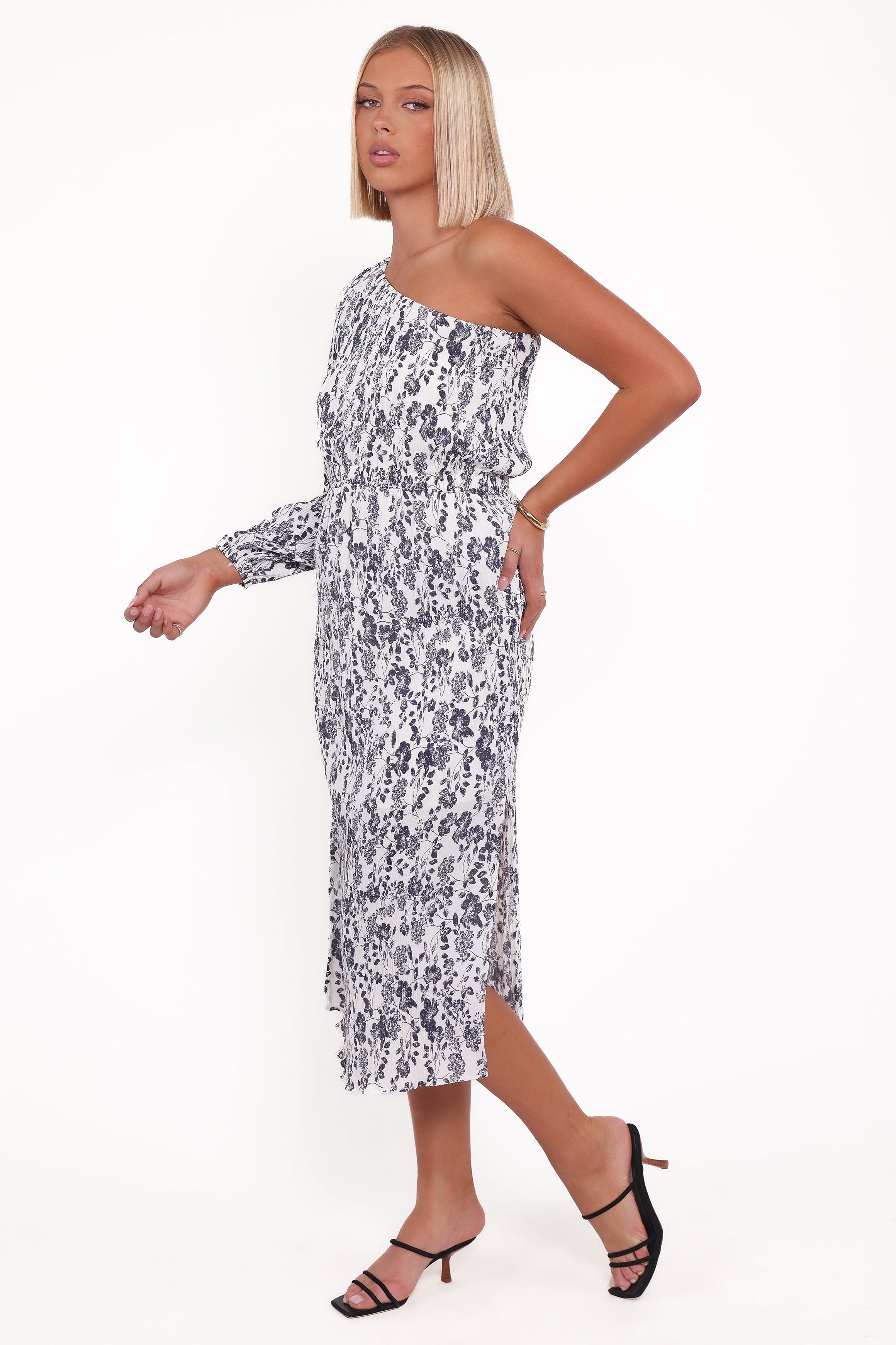 Petal and Pup USA DRESSES Pontee One Shoulder Pleated Midi Dress - Navy Floral (Hold for Amazon)