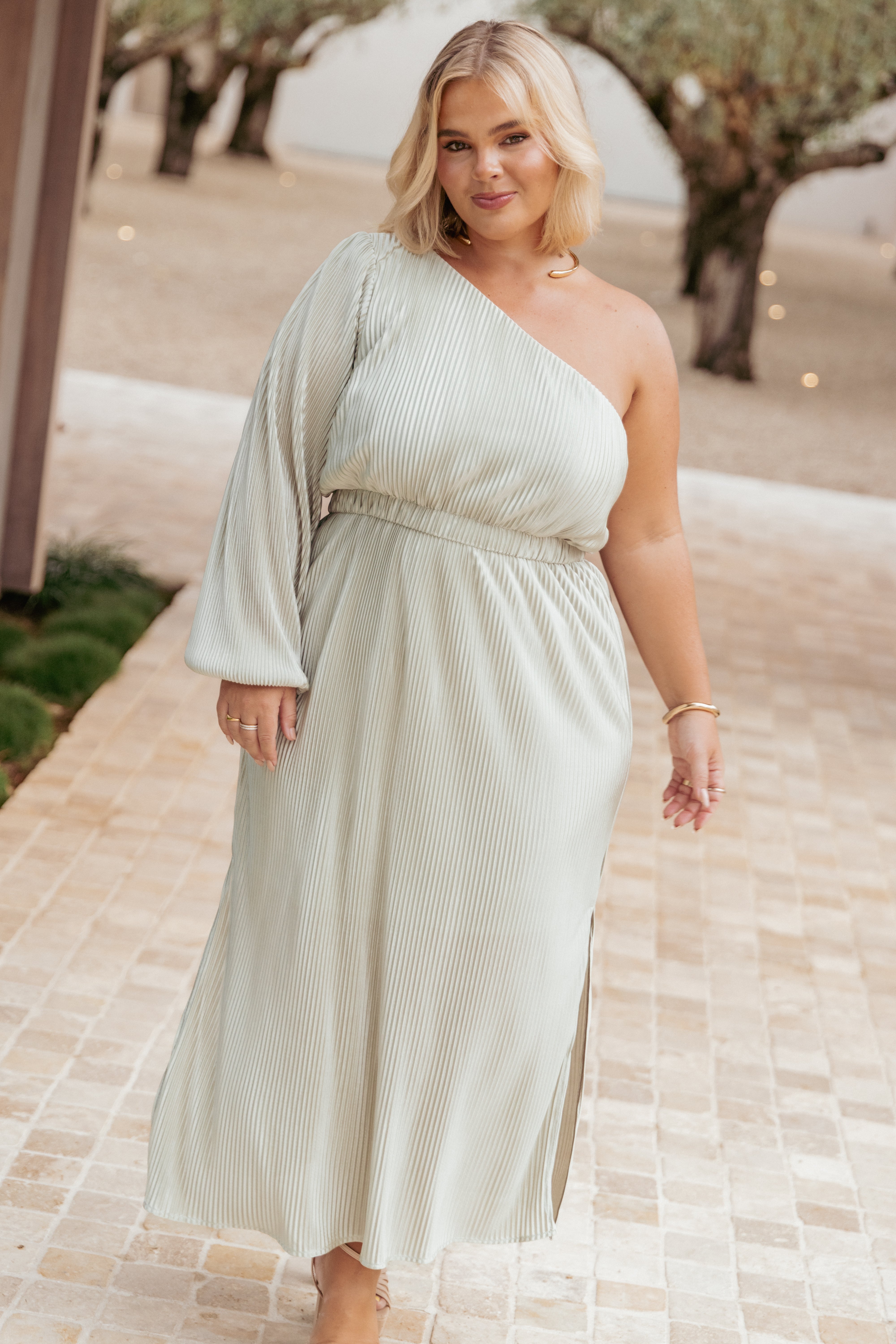 Petal and Pup USA DRESSES Pontee One Shoulder Pleated Midi Dress - Sage Green