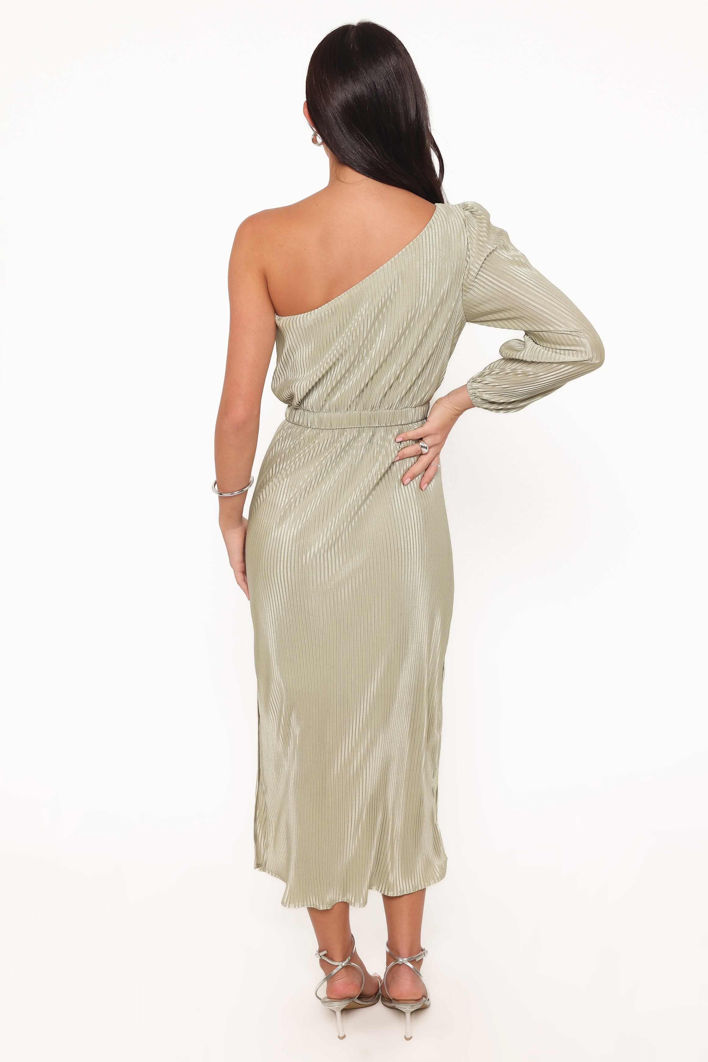 Petal and Pup USA DRESSES Pontee One Shoulder Pleated Midi Dress - Sage Green