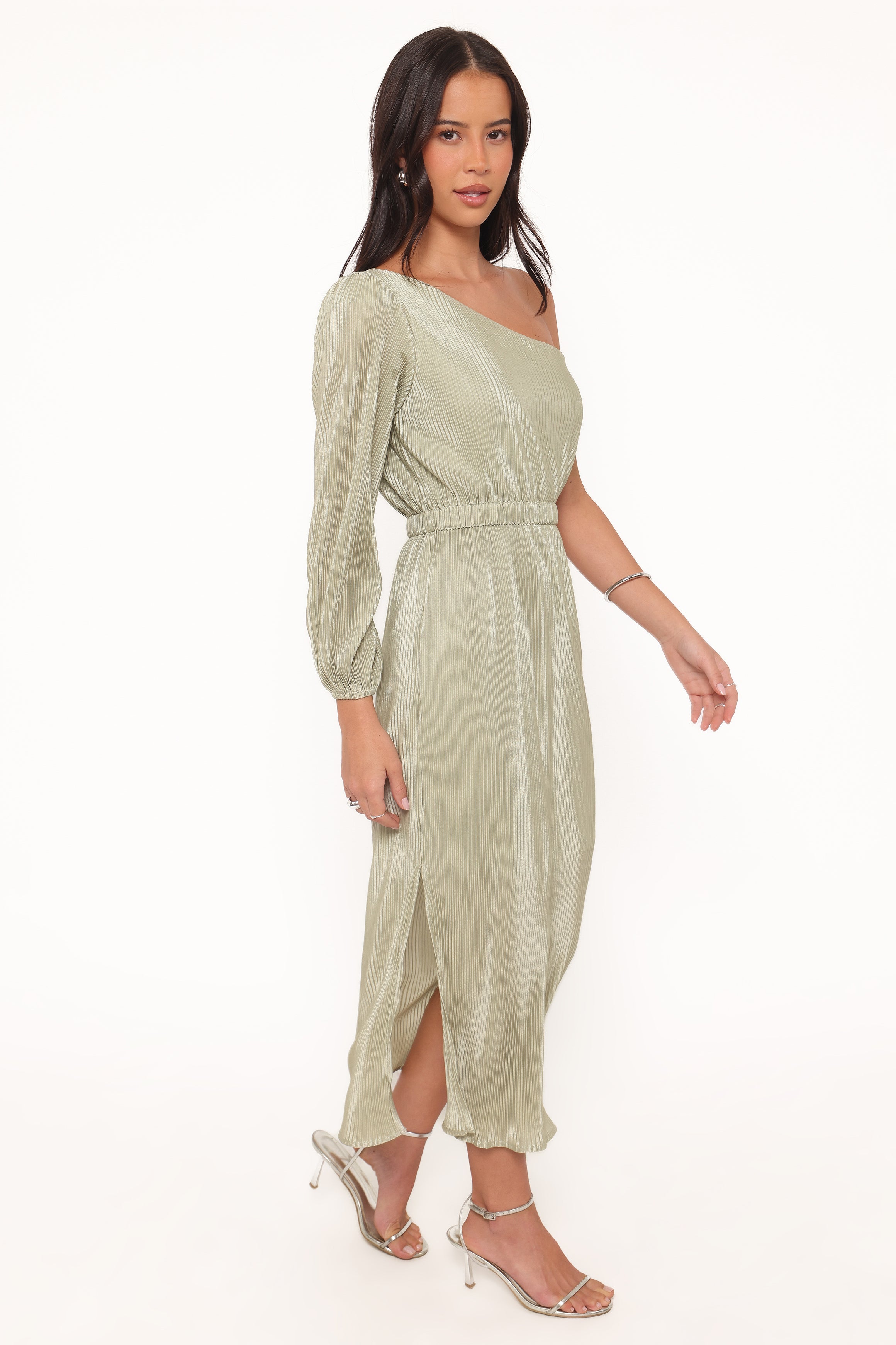 Petal and Pup USA DRESSES Pontee One Shoulder Pleated Midi Dress - Sage Green