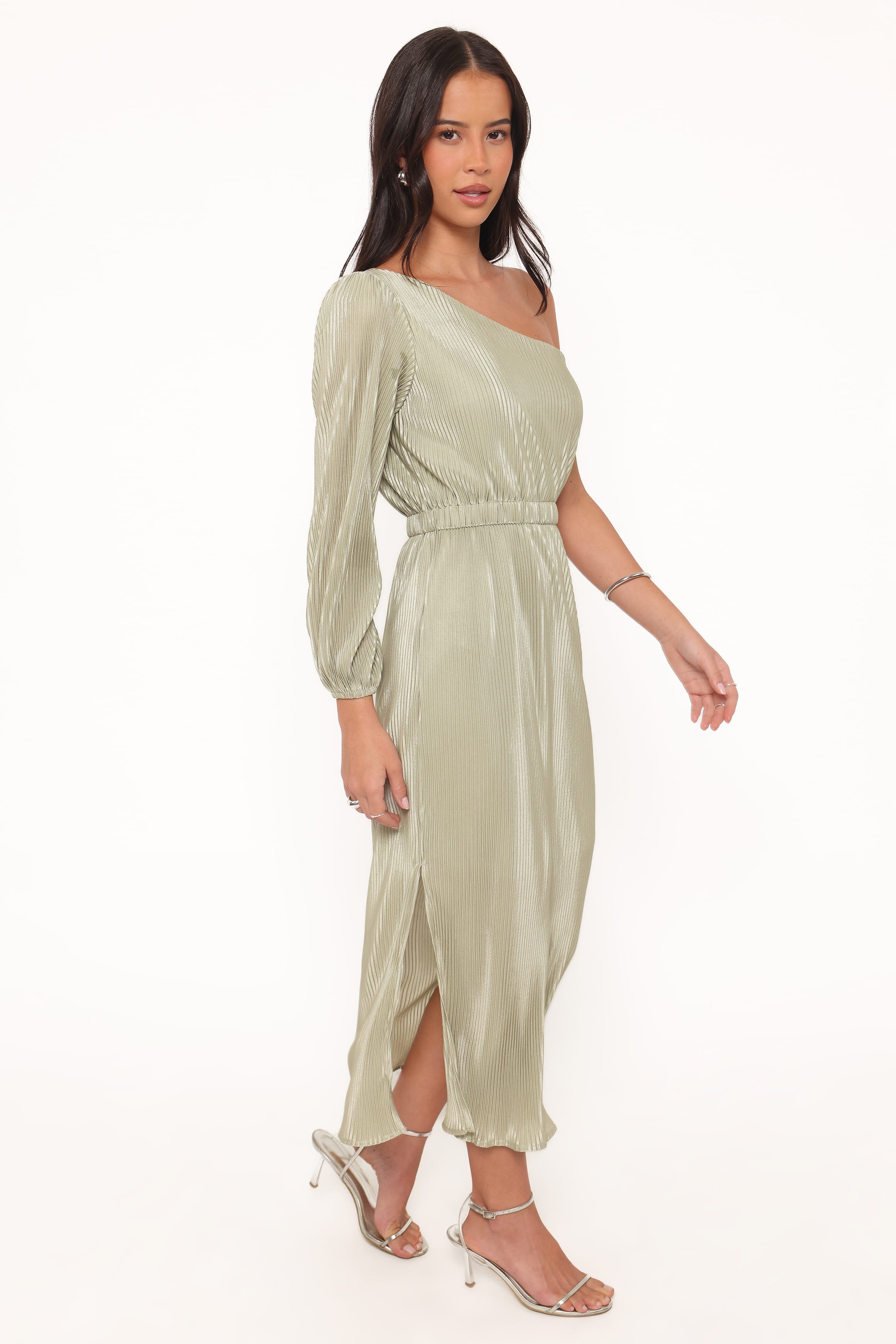 Petal and Pup USA DRESSES Pontee One Shoulder Pleated Midi Dress - Sage Green