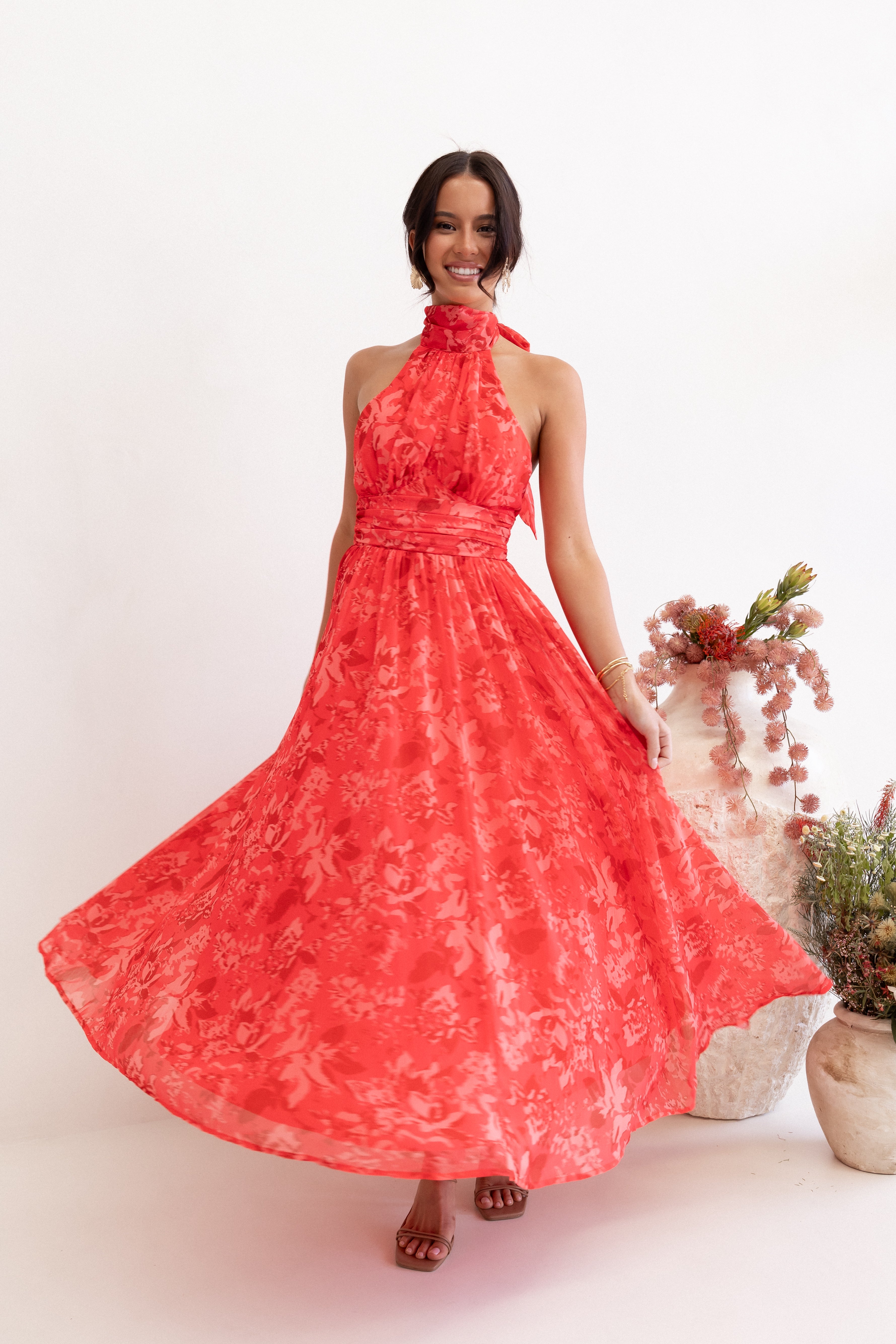 Petal and Pup USA DRESSES Primrose Halterneck Maxi Dress - Red Floral