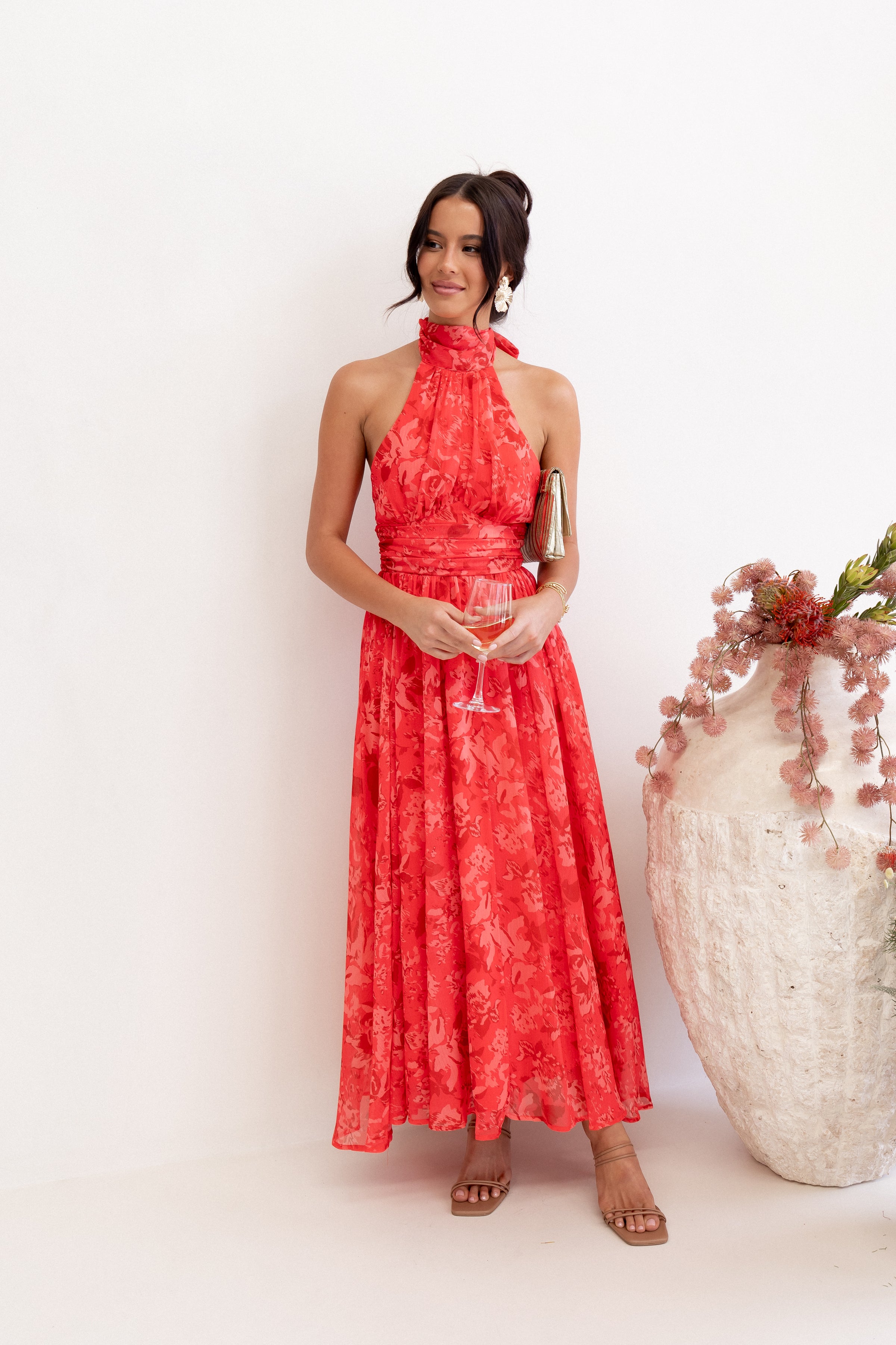 Petal and Pup USA DRESSES Primrose Halterneck Maxi Dress - Red Floral