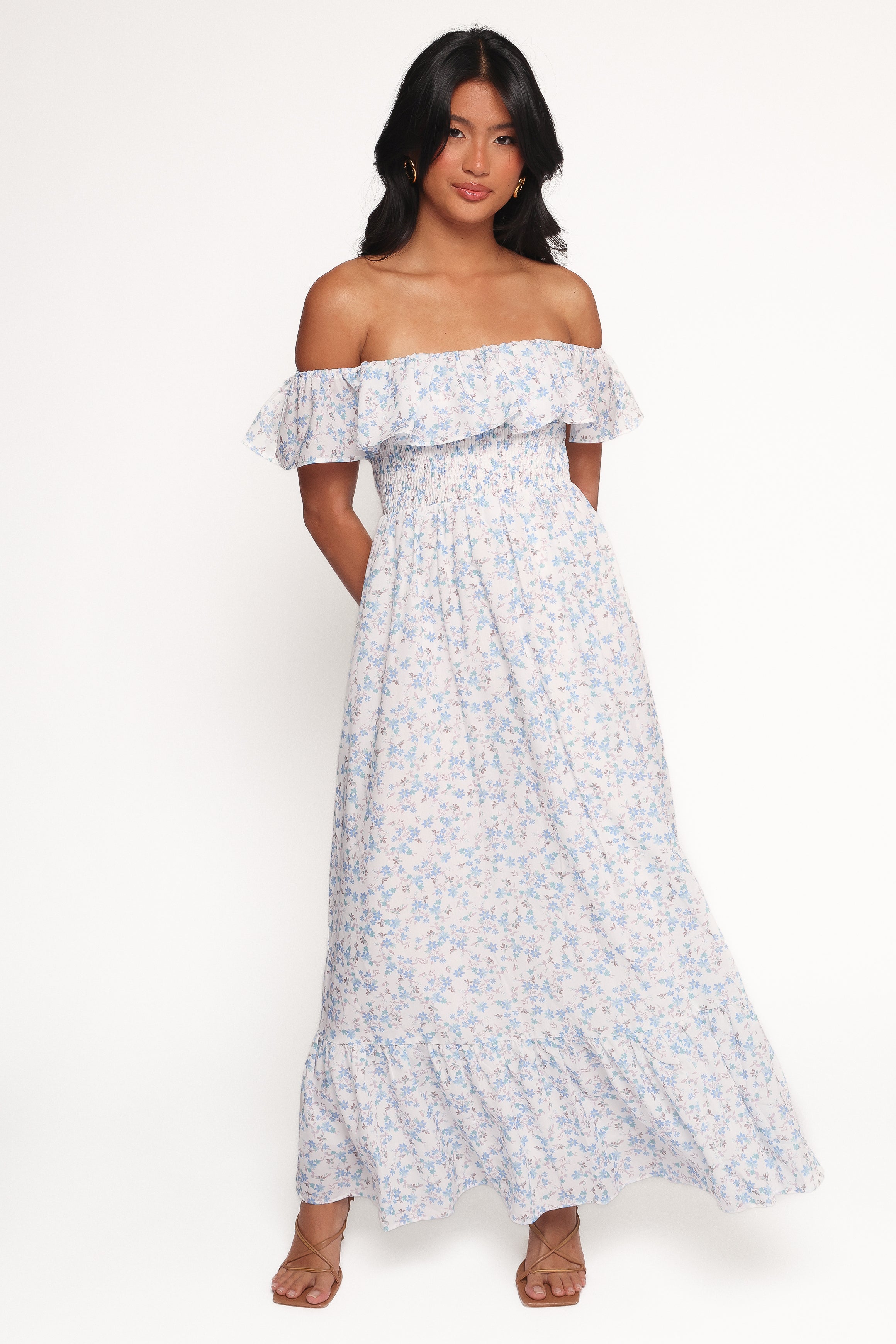 Petal and Pup USA DRESSES Priscilla Strapless Midi Dress - Blue Floral