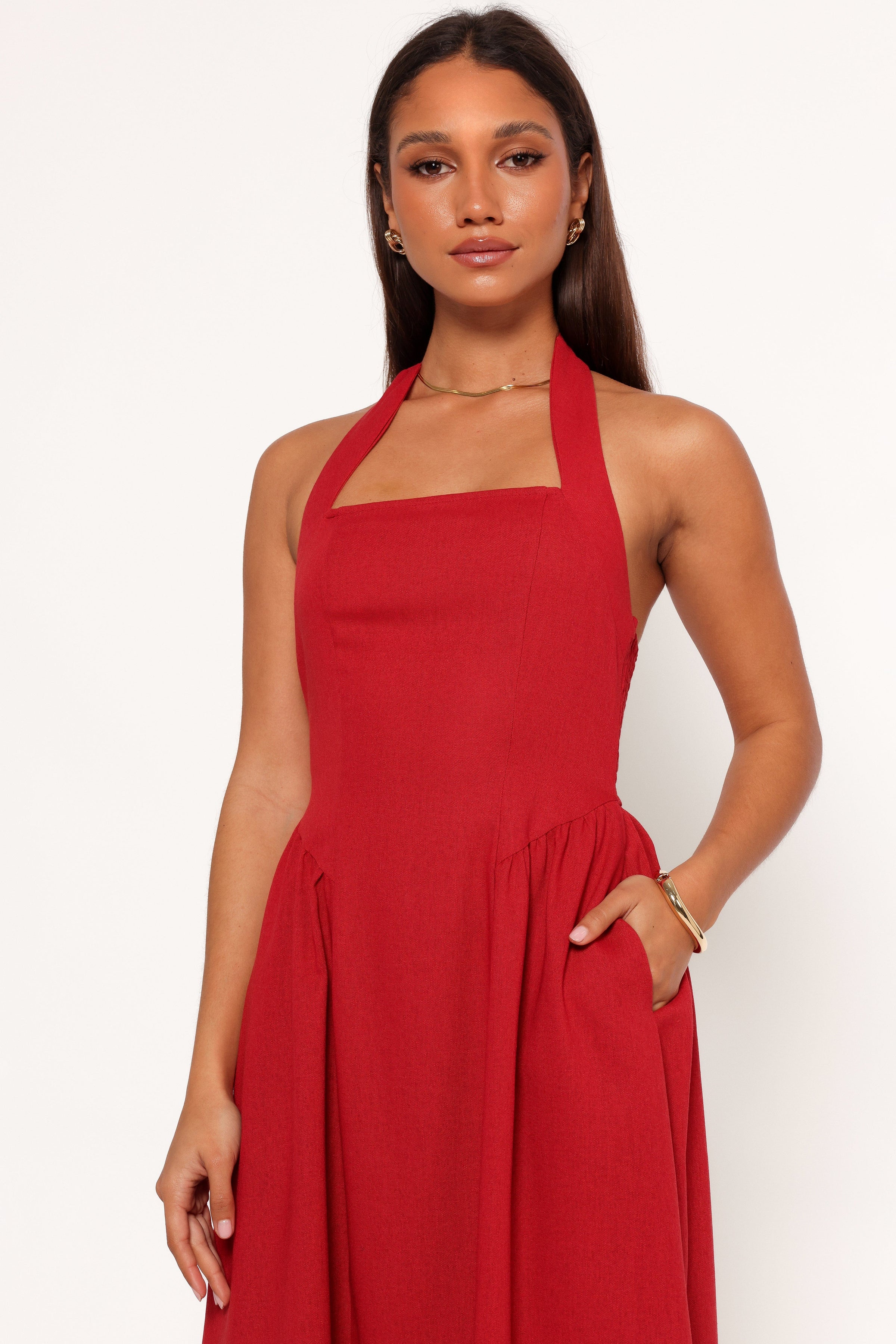 Petal and Pup USA DRESSES Ramona Halterneck Midi Dress - Red