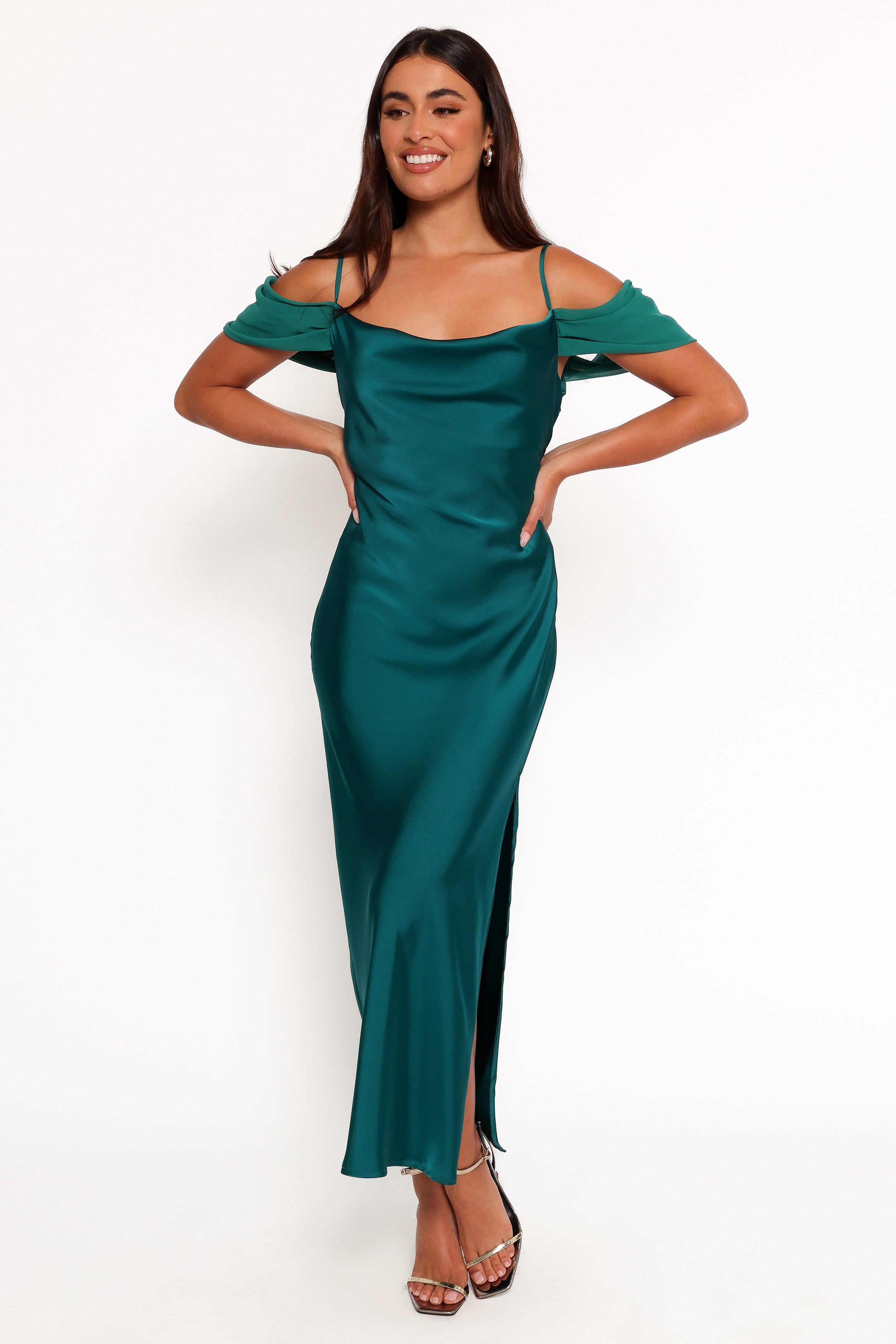 Petal and Pup USA DRESSES Reyna Off Shoulder Maxi Dress - Emerald Green