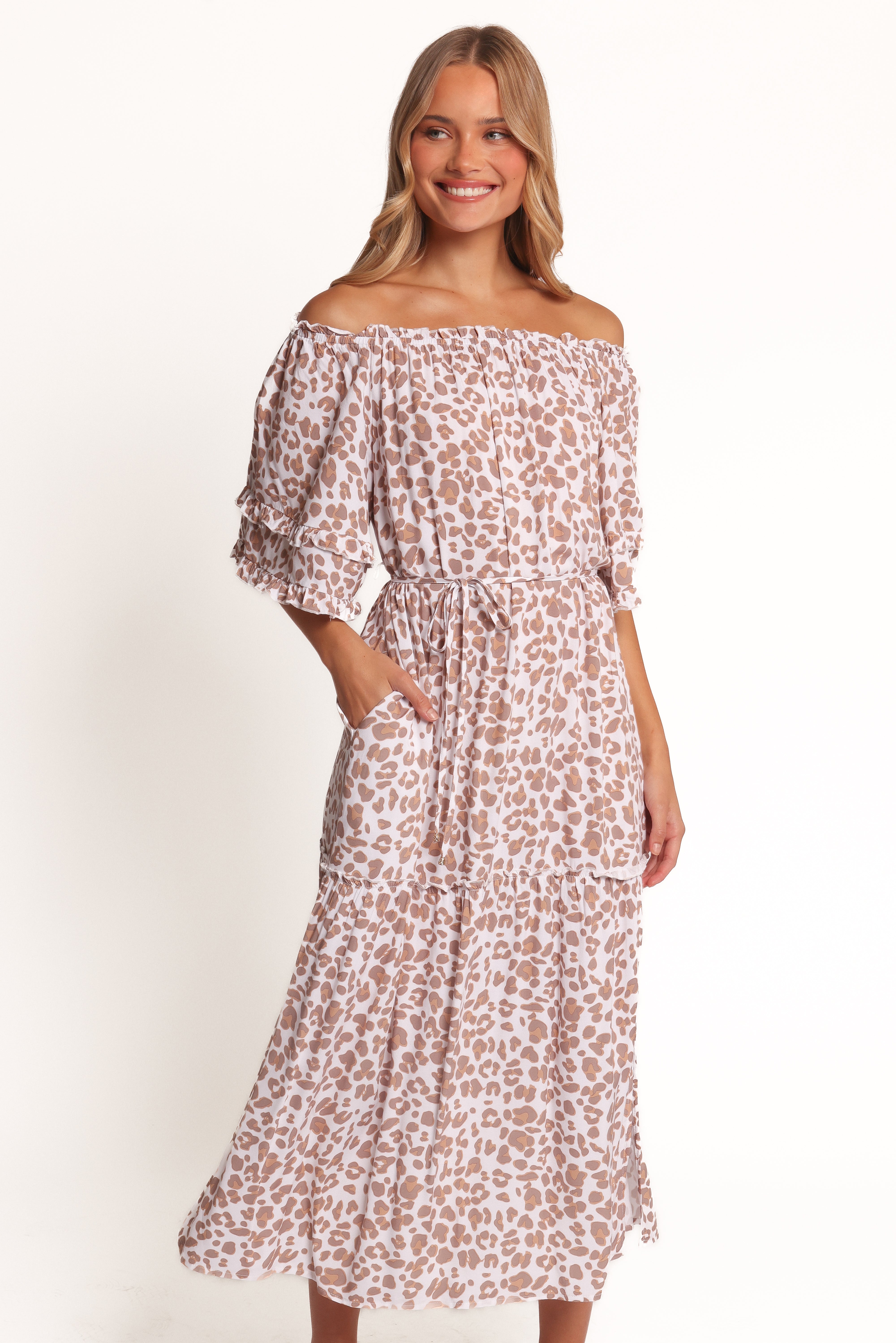 Petal and Pup USA DRESSES Rhody Off Shoulder Maxi Dress - White Leopard