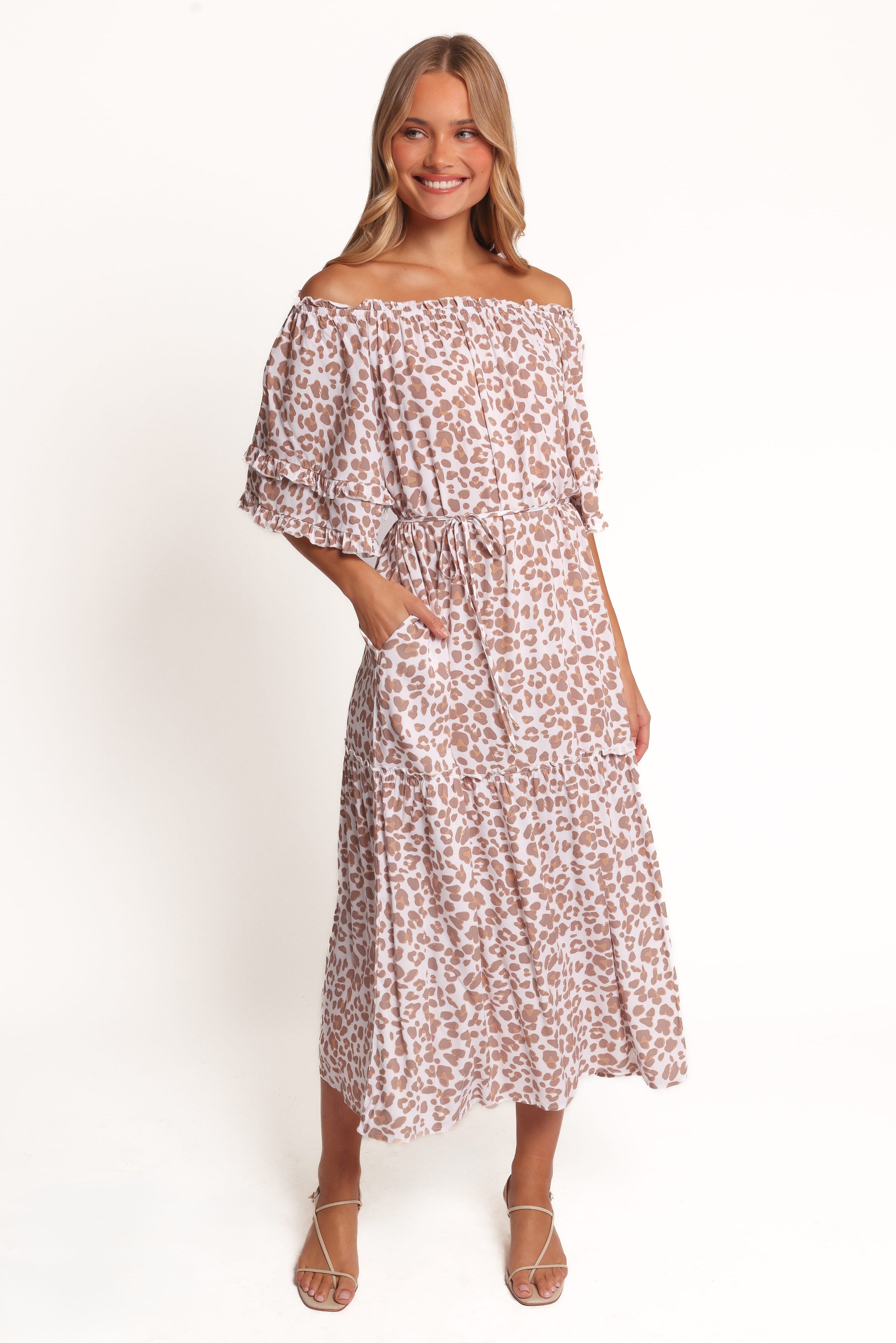 Petal and Pup USA DRESSES Rhody Off Shoulder Maxi Dress - White Leopard