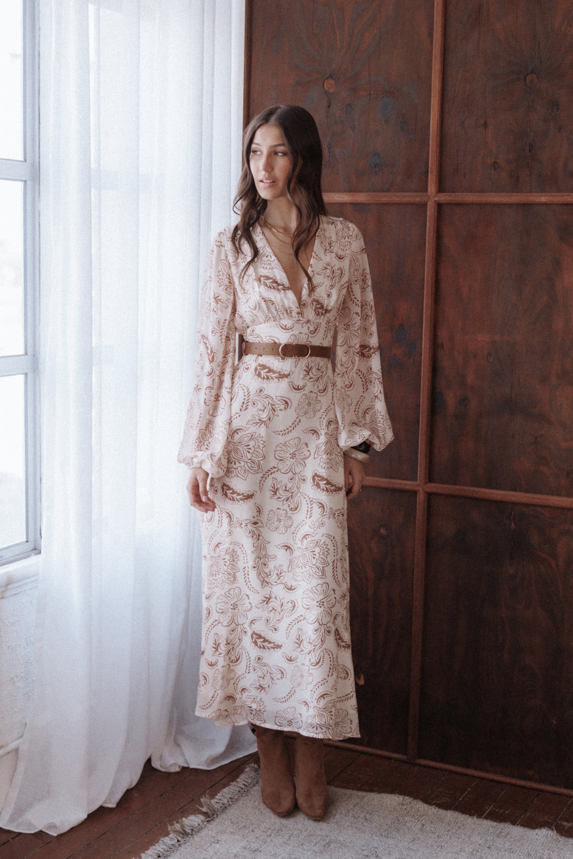 Petal and Pup USA DRESSES Riba Midi Dress - Brown Paisley