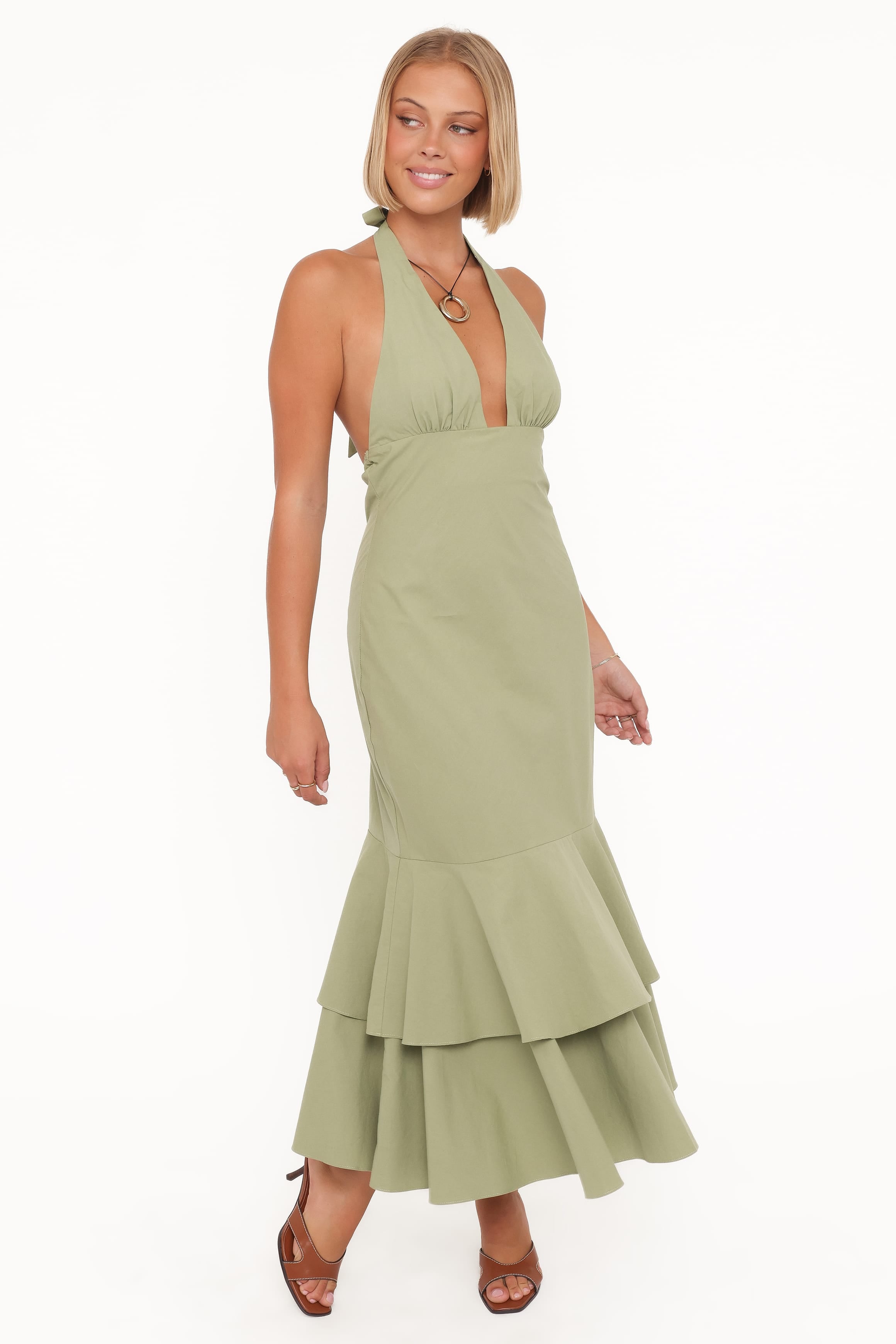 Petal and Pup USA DRESSES Robyn Halterneck Maxi Dress - Olive Green