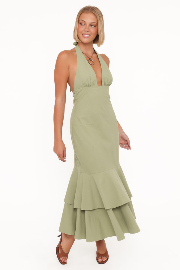 Petal and Pup USA DRESSES Robyn Halterneck Maxi Dress - Olive Green