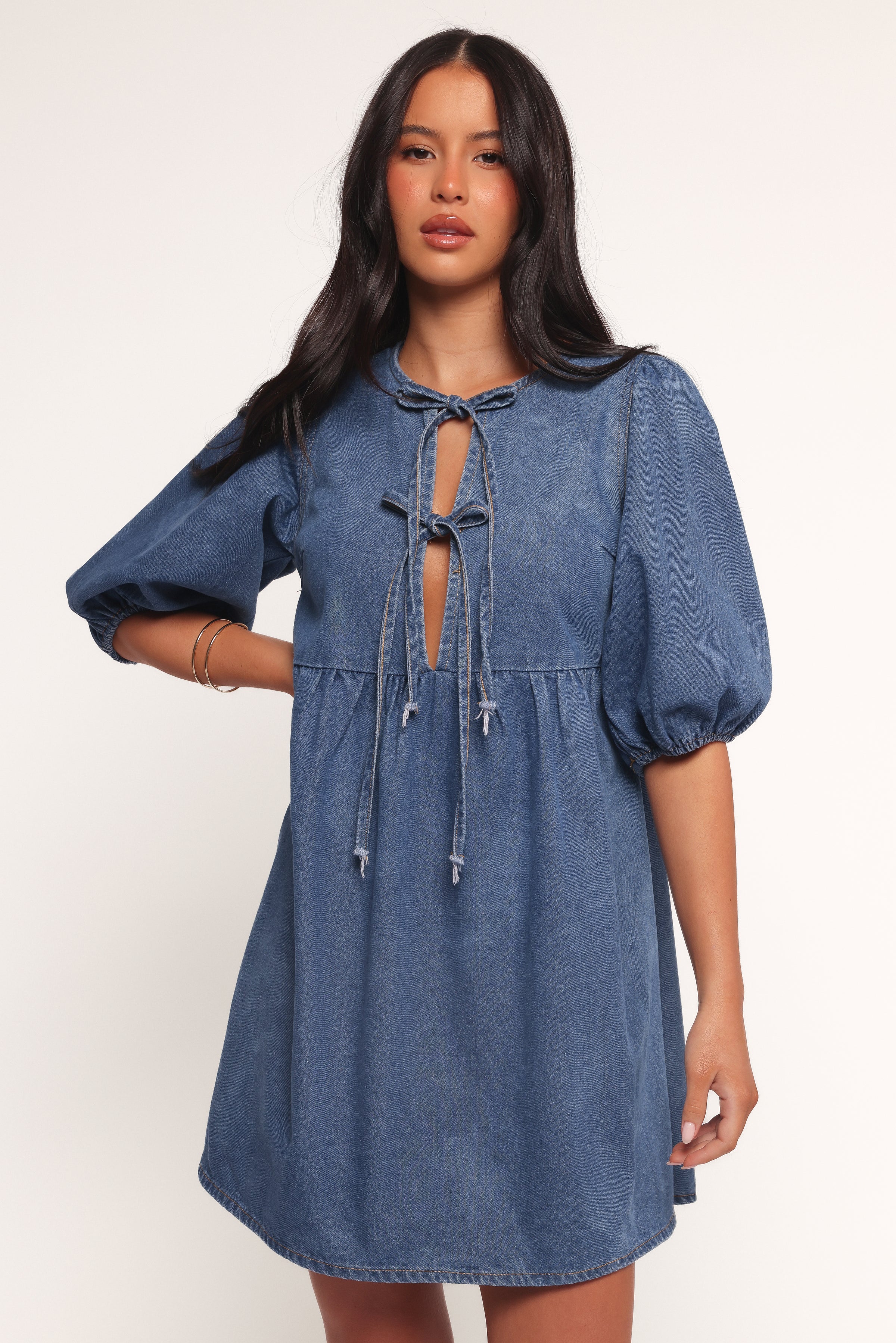 Petal and Pup USA DRESSES Romana Tie Front Mini Dress - Dark Denim