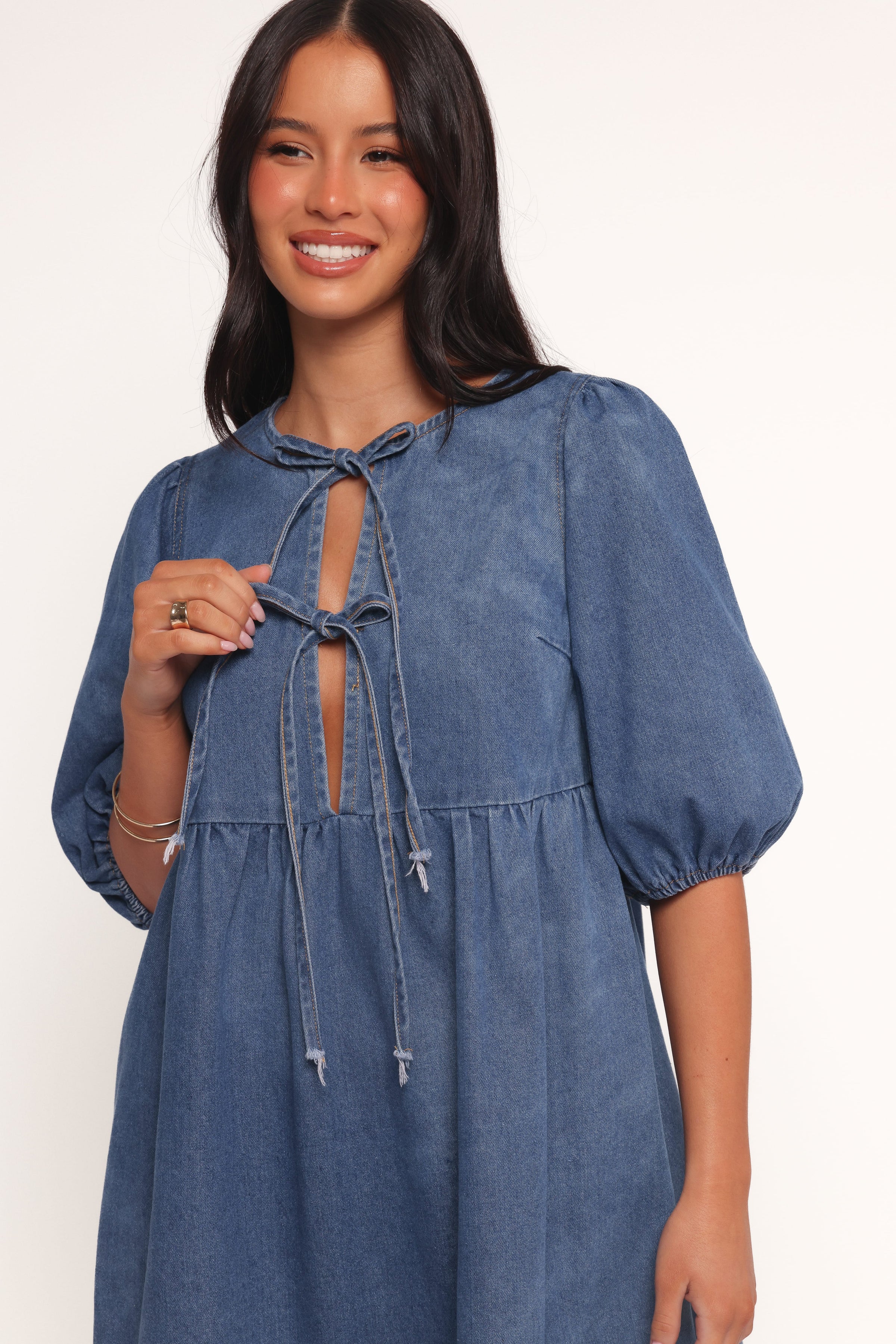 Petal and Pup USA DRESSES Romana Tie Front Mini Dress - Dark Denim