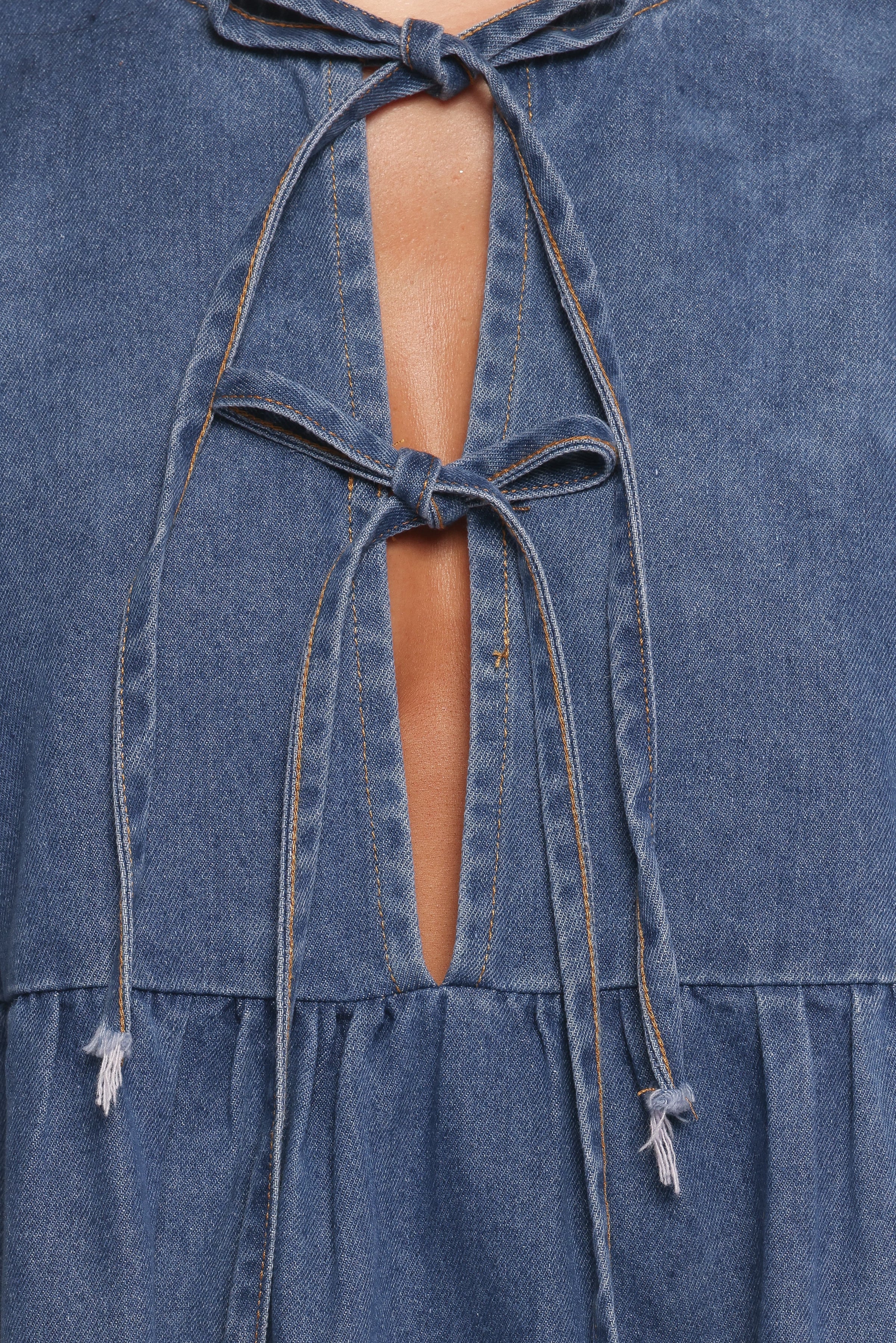Petal and Pup USA DRESSES Romana Tie Front Mini Dress - Dark Denim