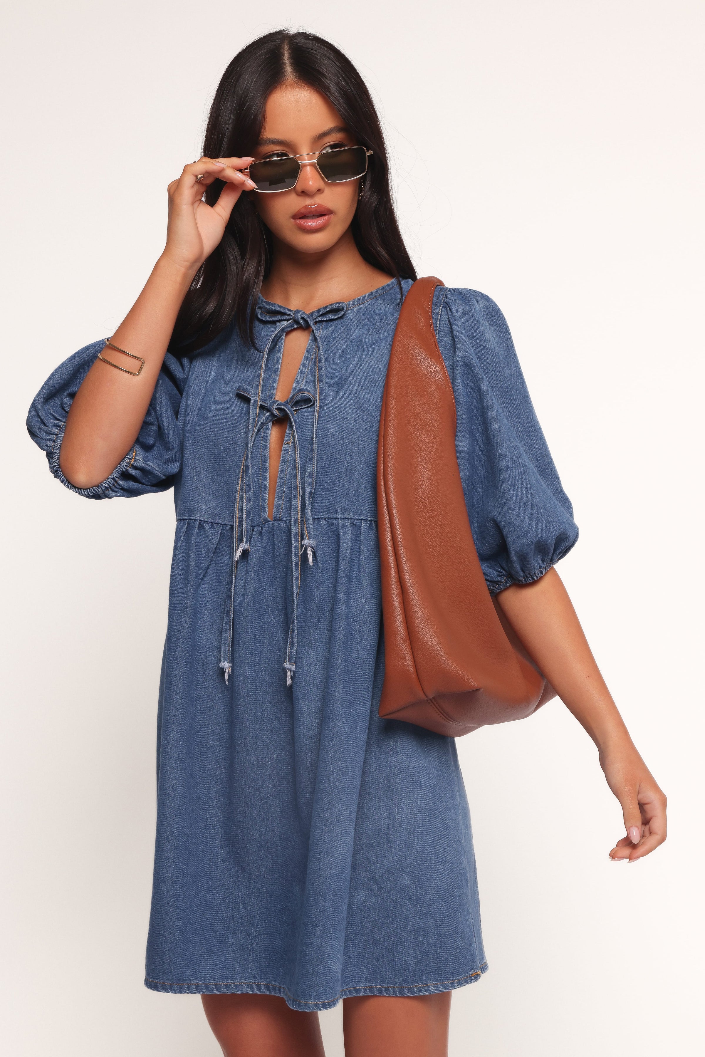 Petal and Pup USA DRESSES Romana Tie Front Mini Dress - Dark Denim