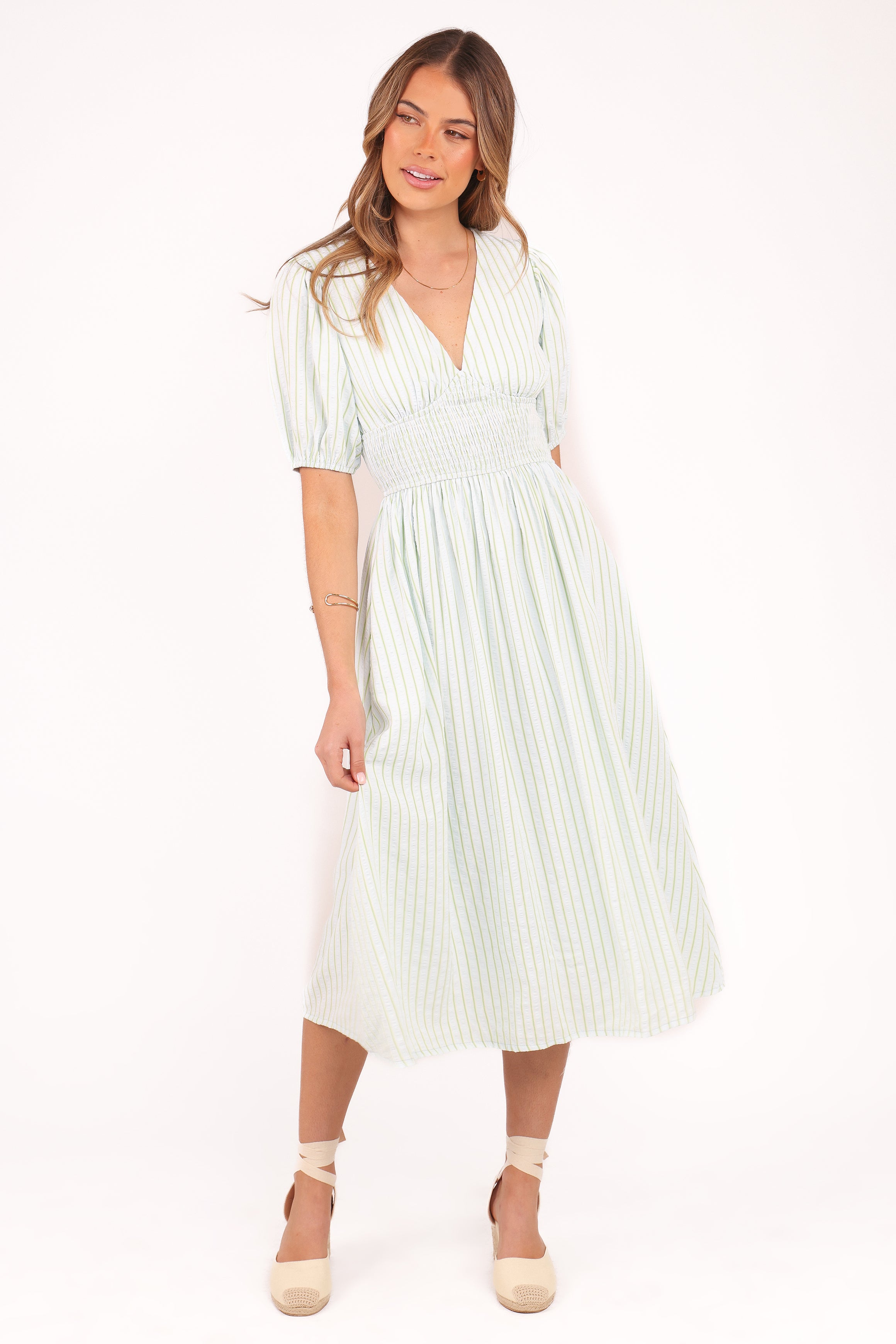 Petal and Pup USA DRESSES Ronnie Short Sleeve Midi Dress - Green Blue Stripe