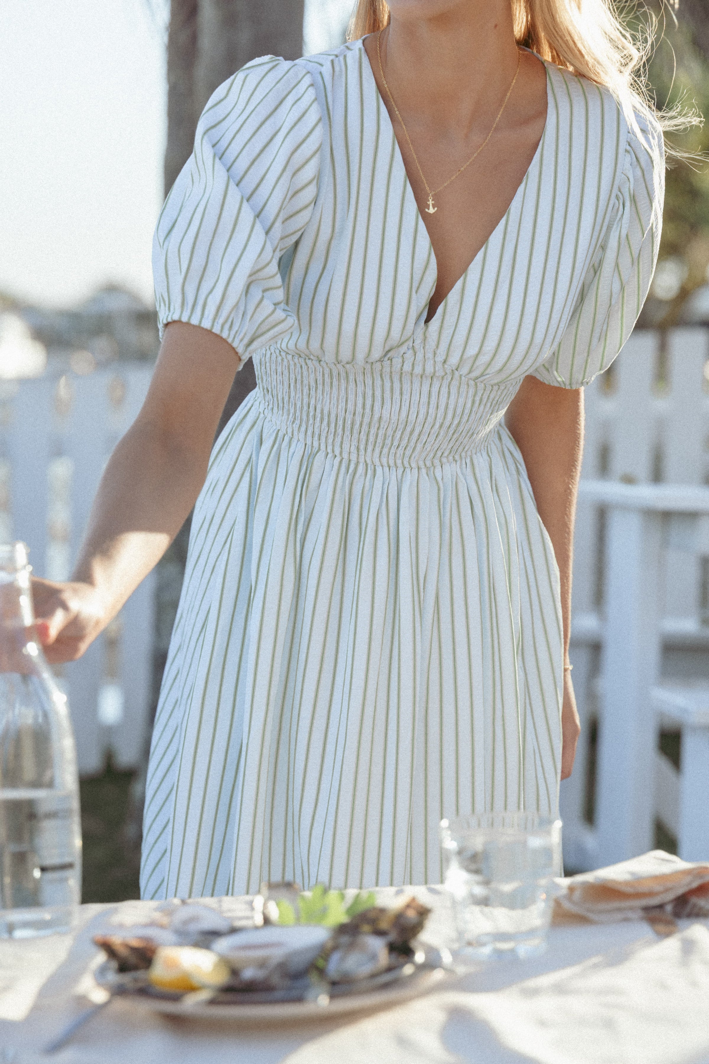 Petal and Pup USA DRESSES Ronnie Short Sleeve Midi Dress - Green Blue Stripe
