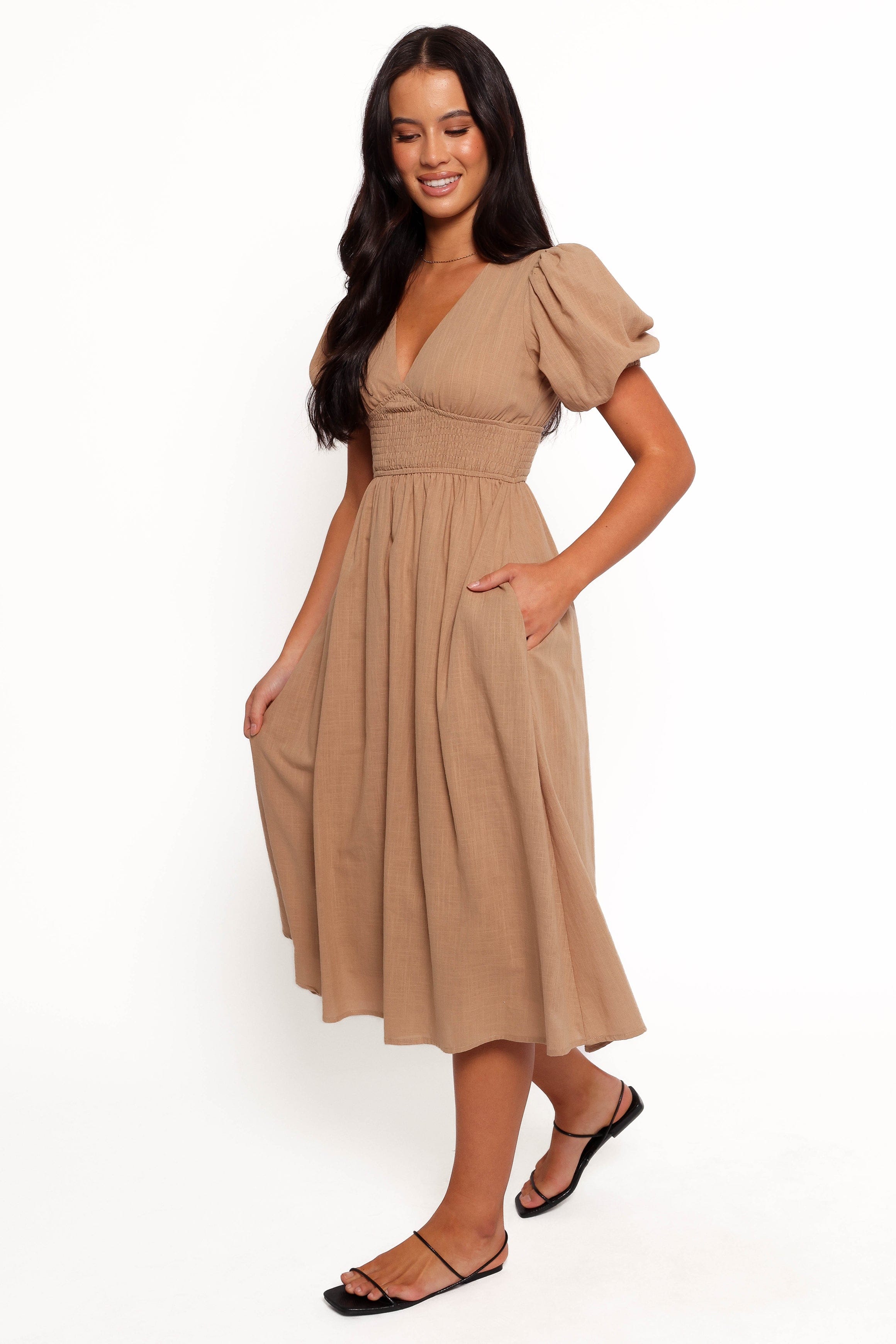 Petal and Pup USA DRESSES Ronnie Short Sleeve Midi Dress - Tan (Hold for Rack)