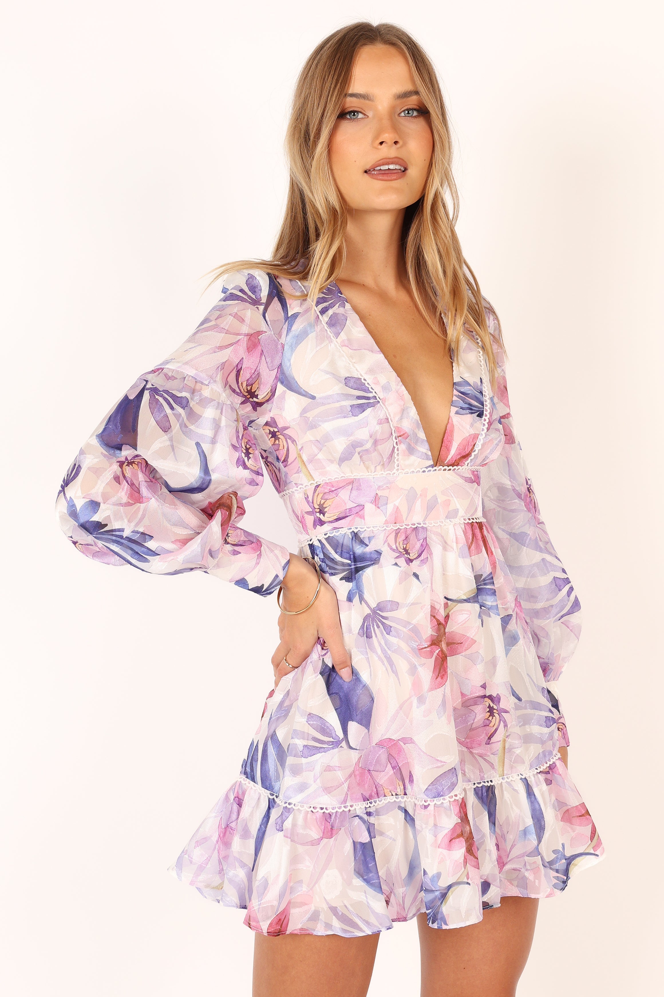 Petal and Pup USA DRESSES Rume Long Sleeve Mini Dress - Purple Floral