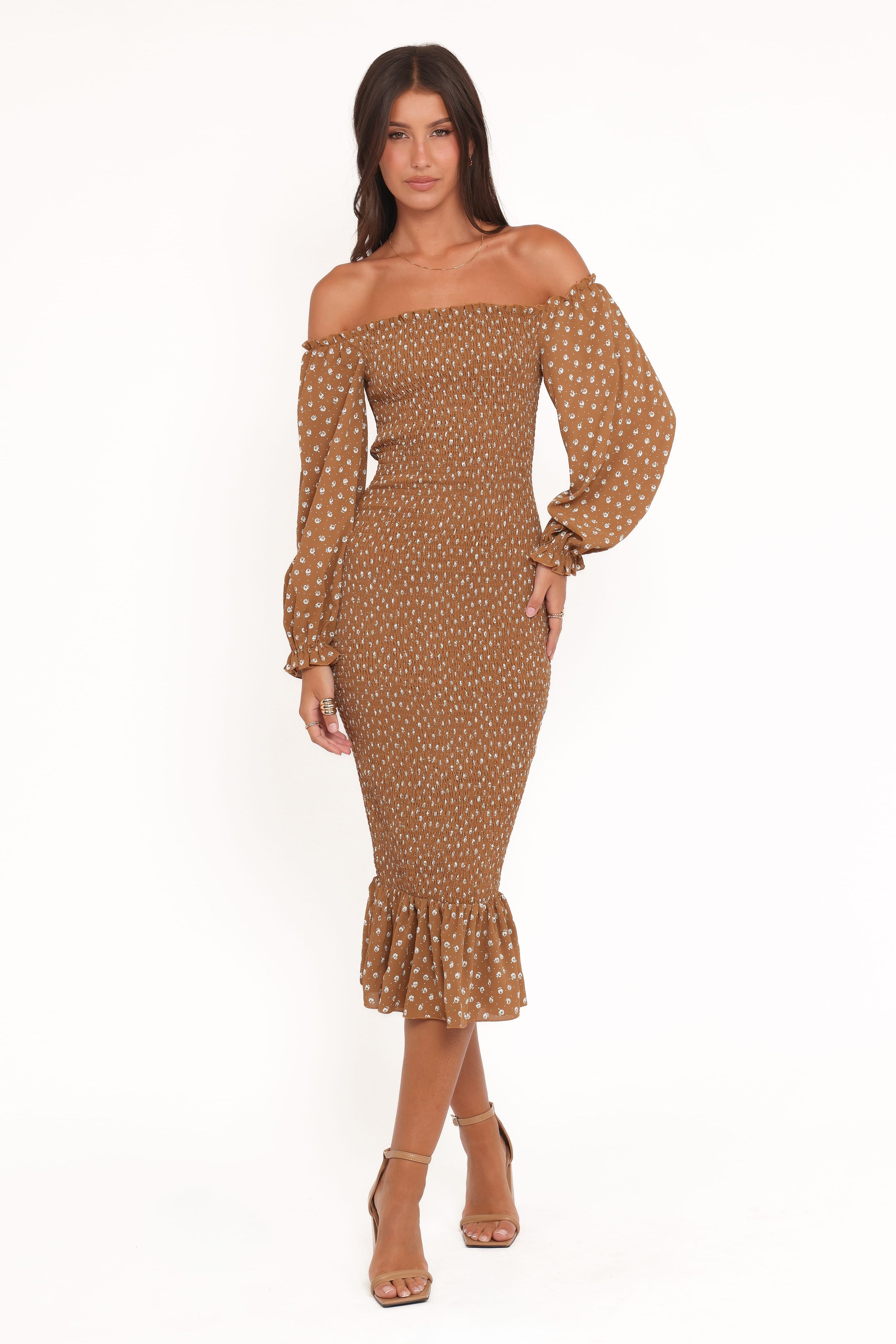 Petal and Pup USA DRESSES Sara Midi Dress - Brown Floral