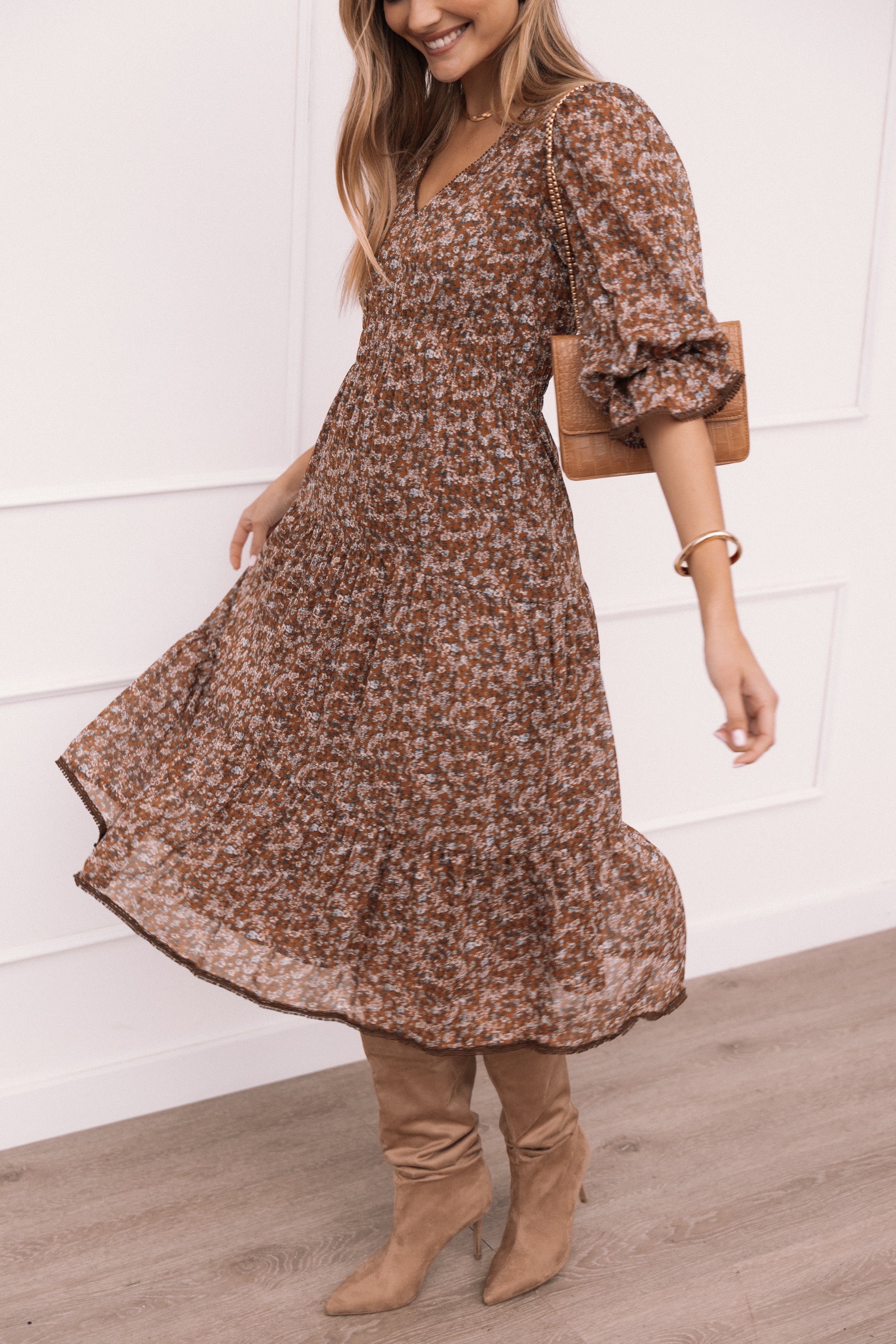 Petal and Pup USA DRESSES Simone Midi Dress - Camel