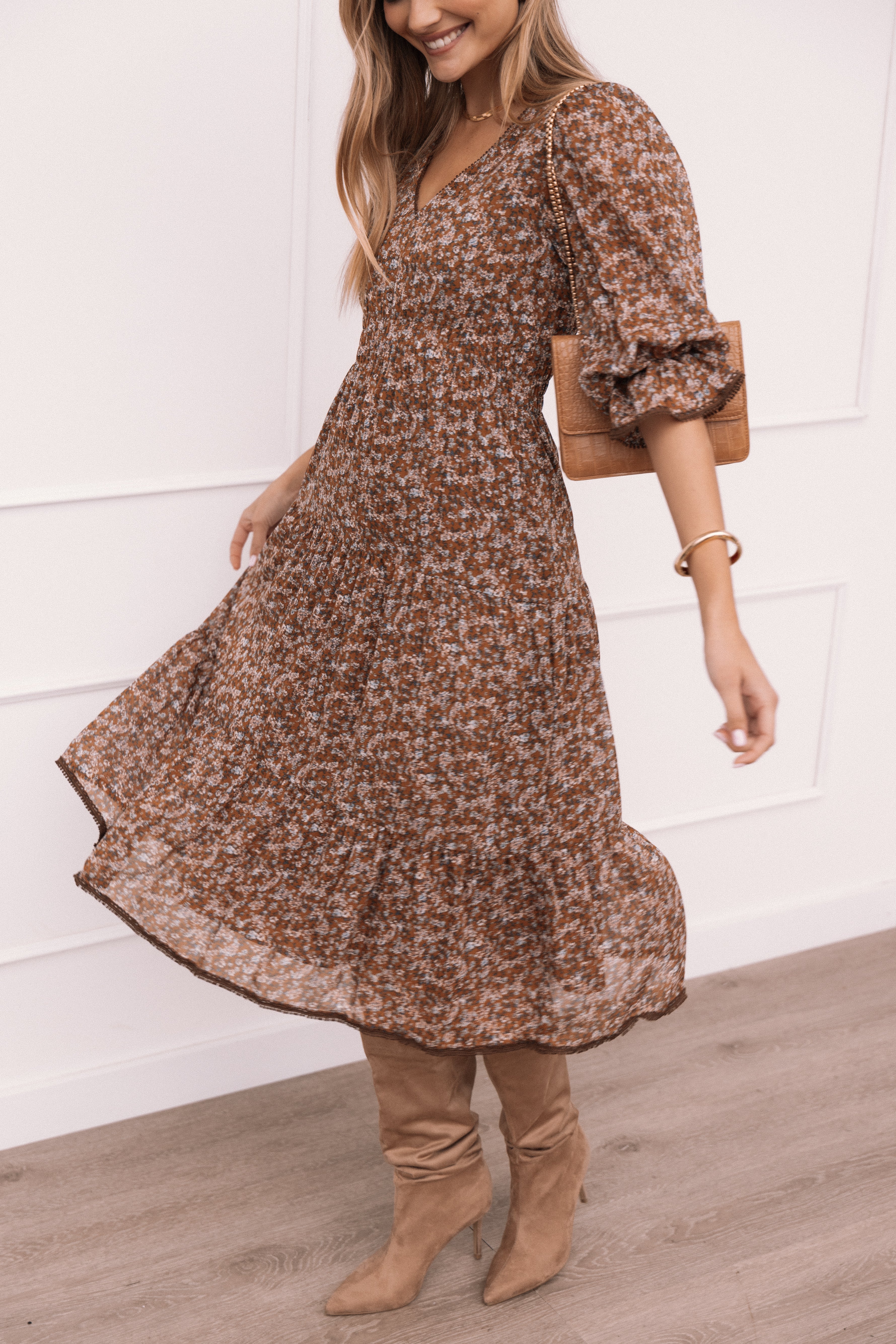 Petal and Pup USA DRESSES Simone Midi Dress - Camel