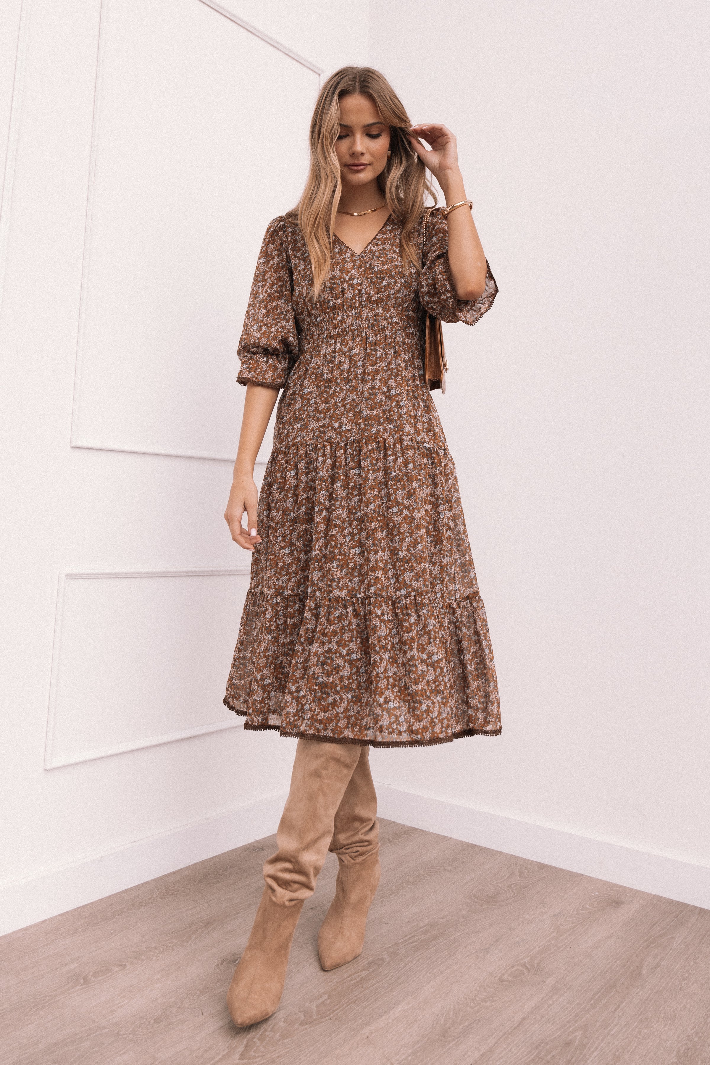 Petal and Pup USA DRESSES Simone Midi Dress - Camel