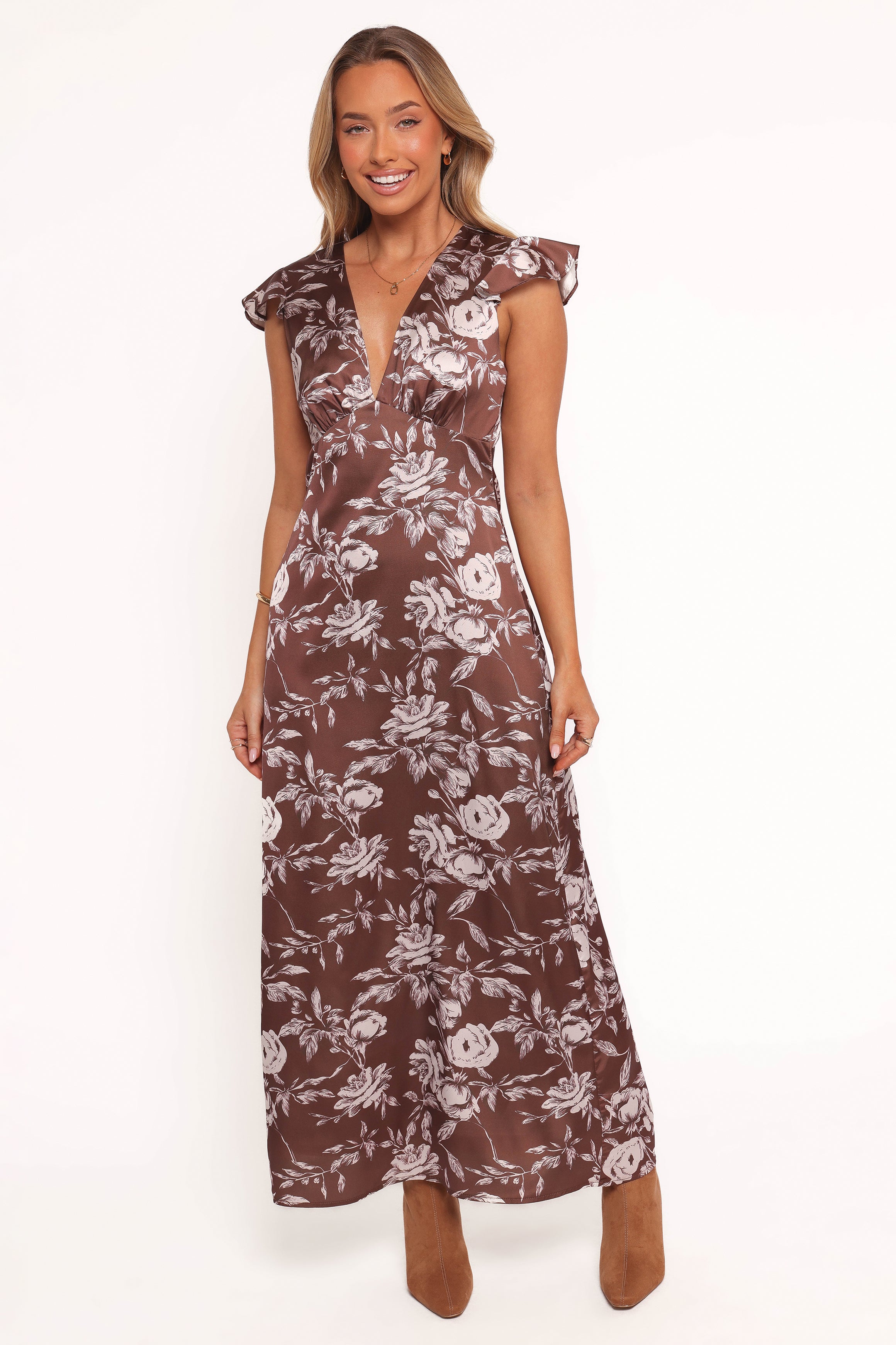 Petal and Pup USA DRESSES Solara Maxi Dress - Brown Floral Print