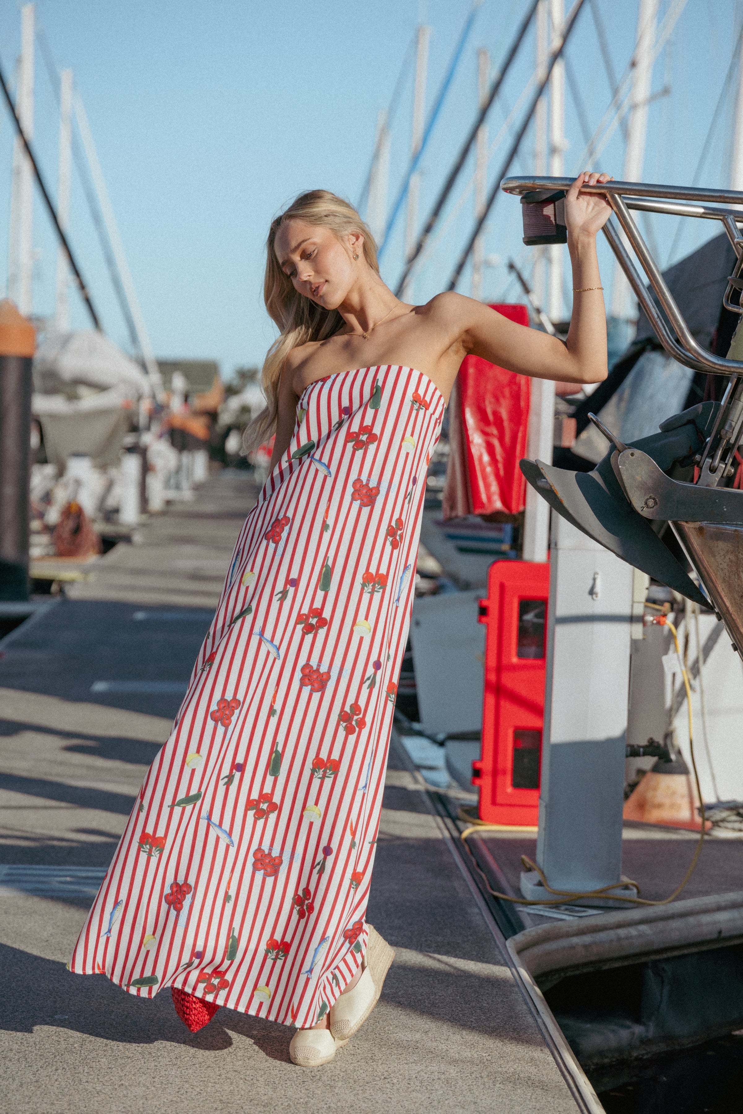 Petal and Pup USA DRESSES Soph Strapless Maxi Dress - Red Picnic Stripe