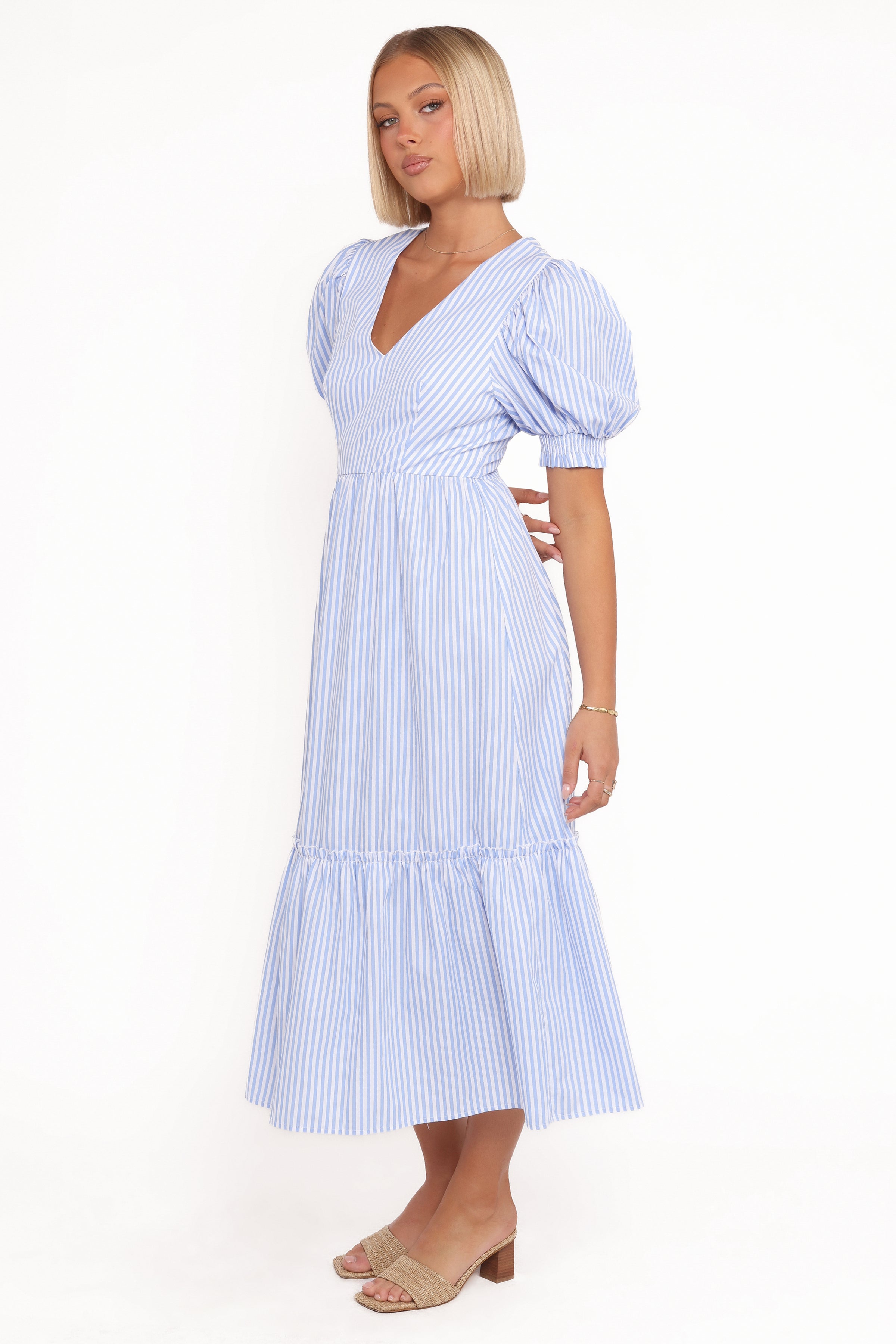 Petal and Pup USA DRESSES Steele Puff Sleeve Midi Dress - Blue Stripe