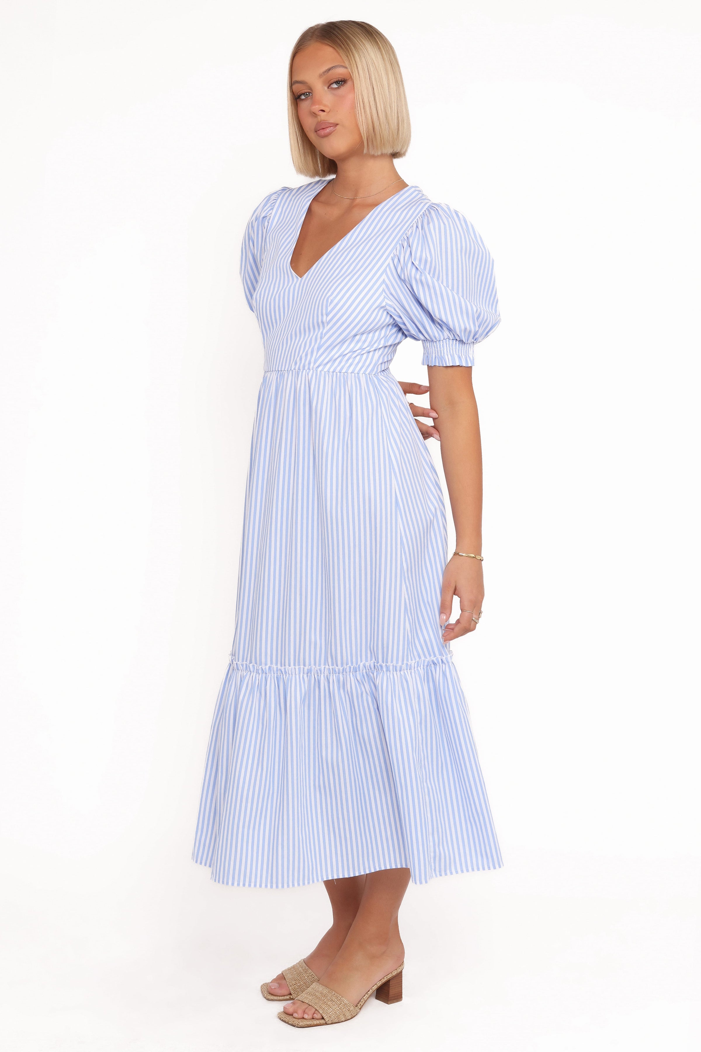 Petal and Pup USA DRESSES Steele Puff Sleeve Midi Dress - Blue Stripe