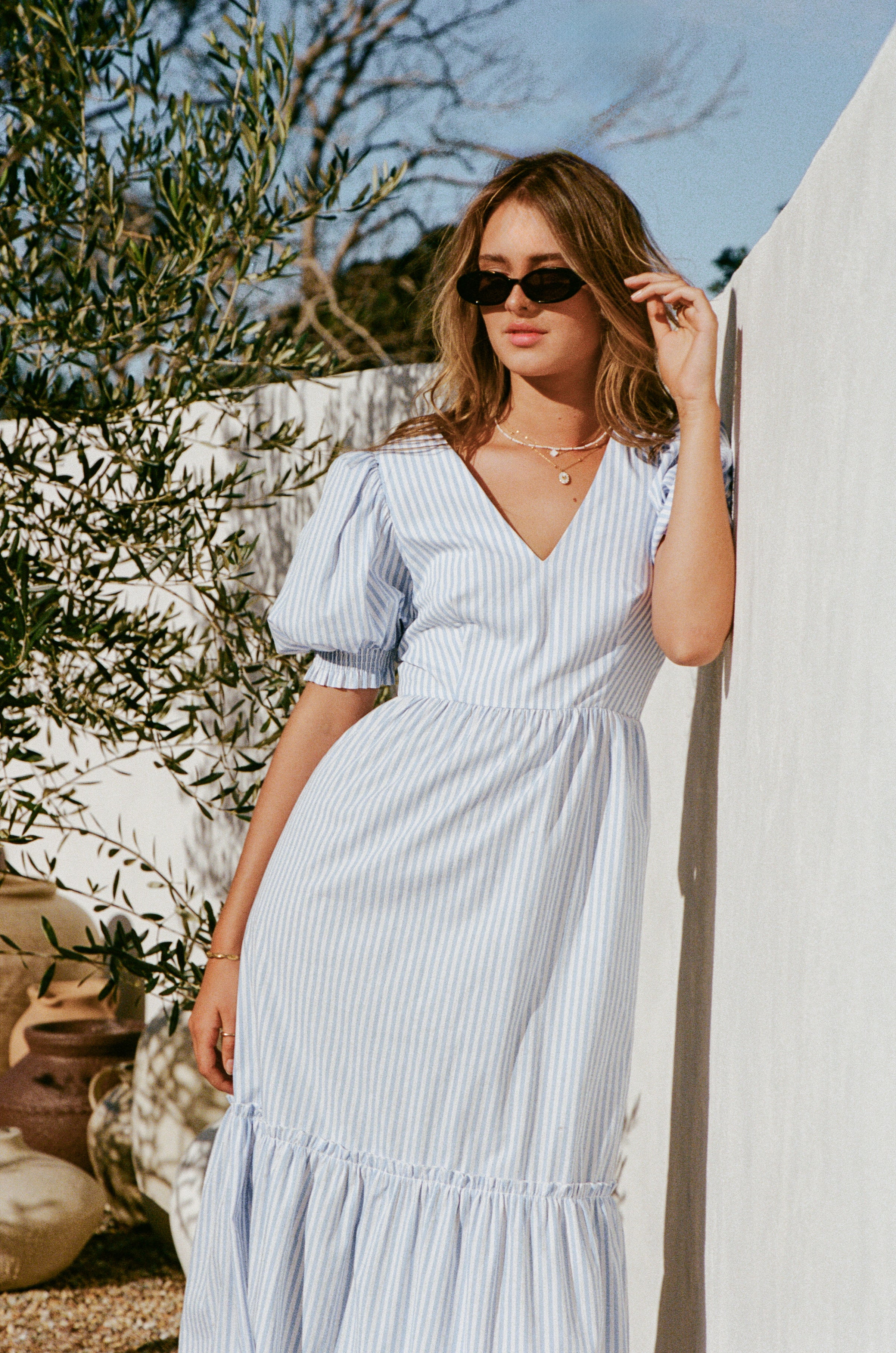 Petal and Pup USA DRESSES Steele Puff Sleeve Midi Dress - Blue Stripe