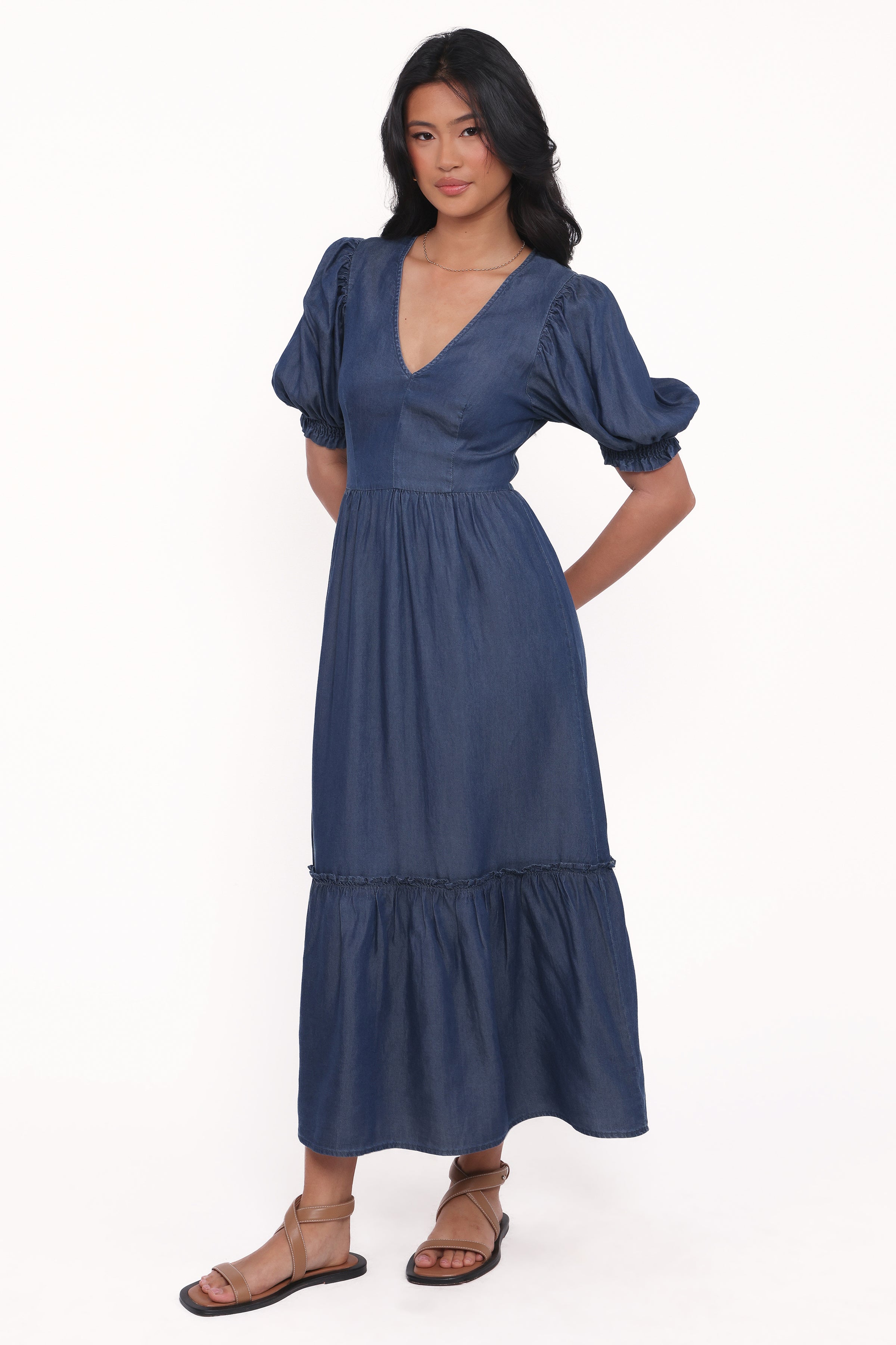 Petal and Pup USA DRESSES Steele Puff Sleeve Midi Dress - Dark Denim
