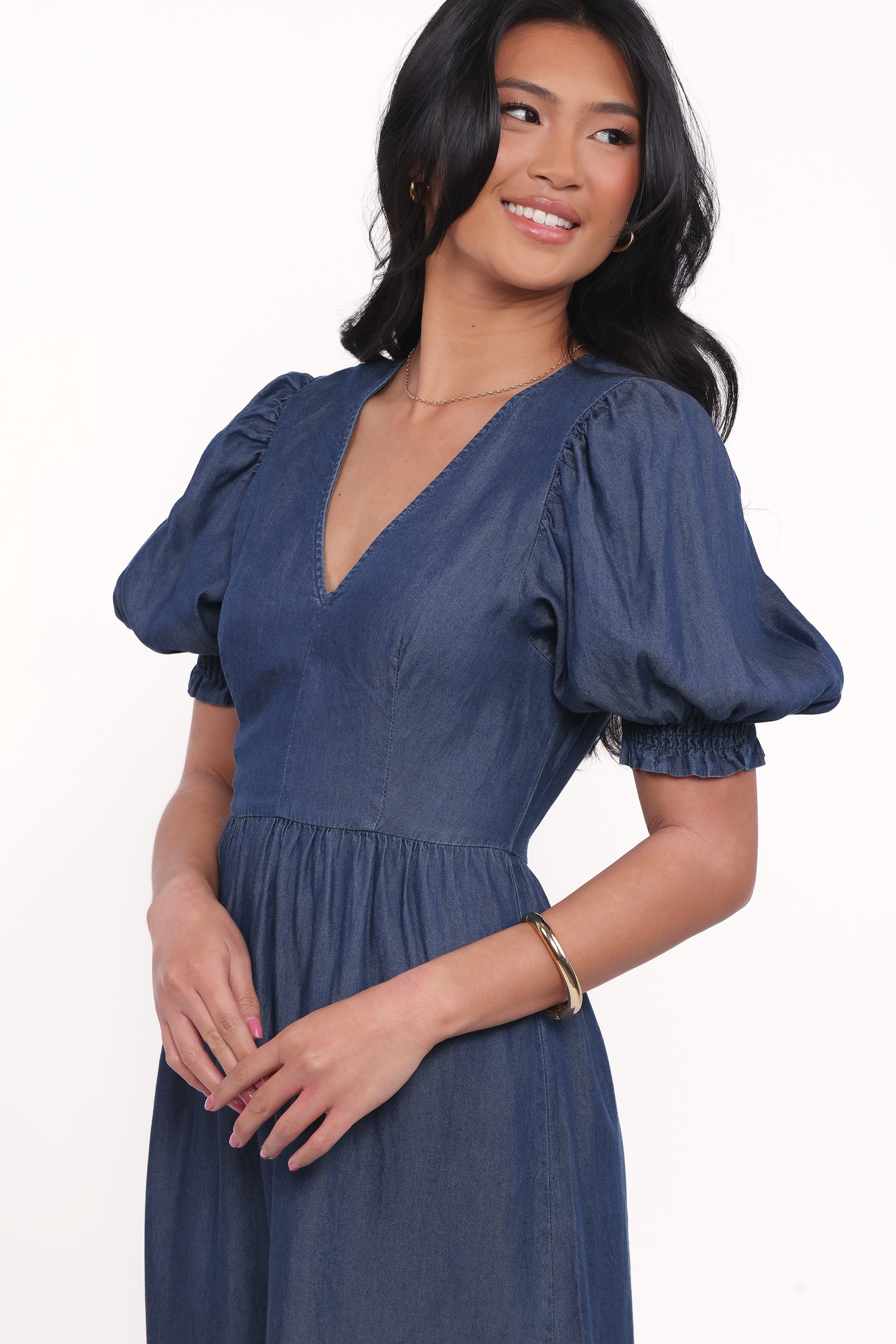 Petal and Pup USA DRESSES Steele Puff Sleeve Midi Dress - Dark Denim