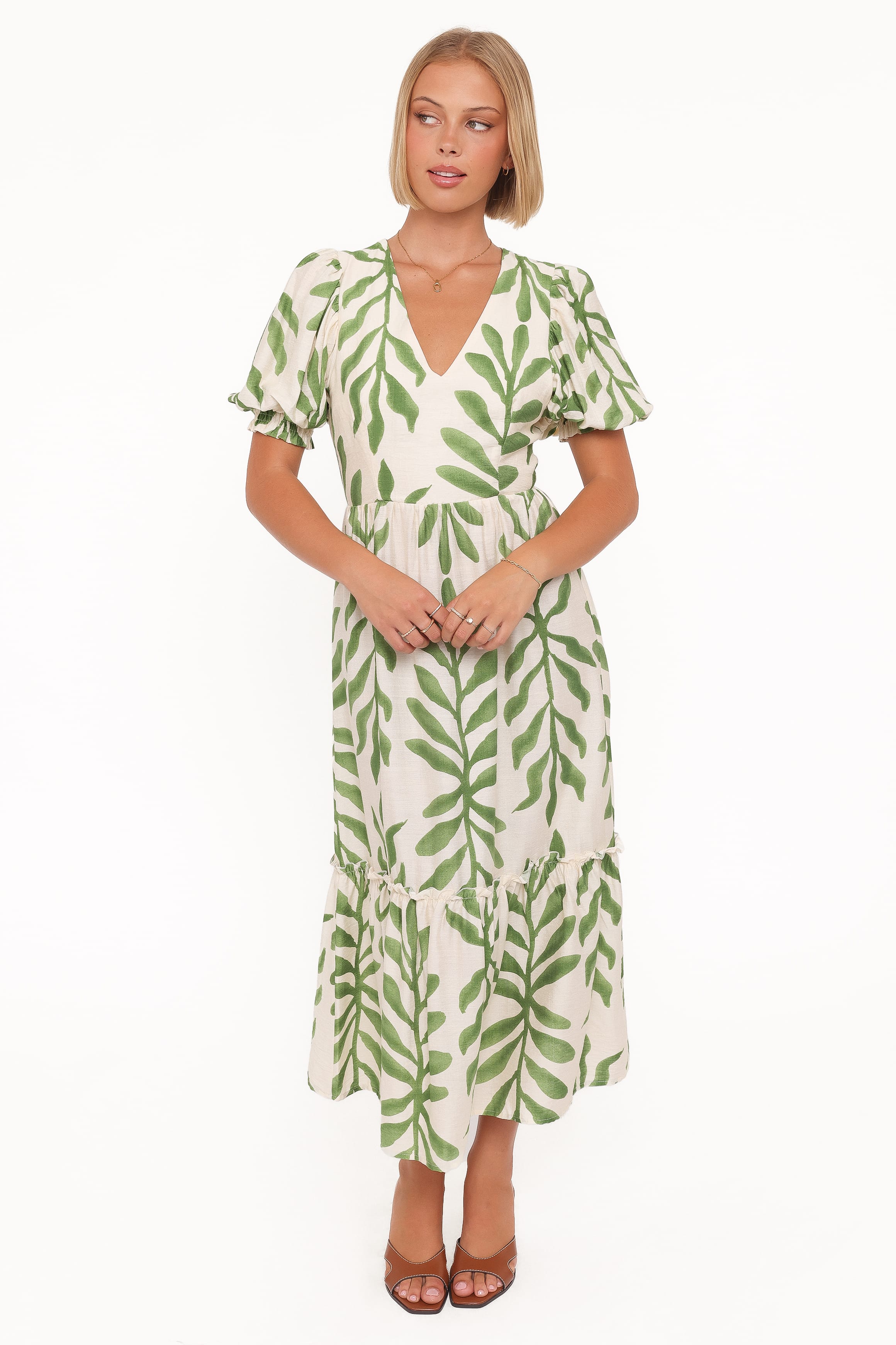 Petal and Pup USA DRESSES Steele Puff Sleeve Midi Dress - Green Palm