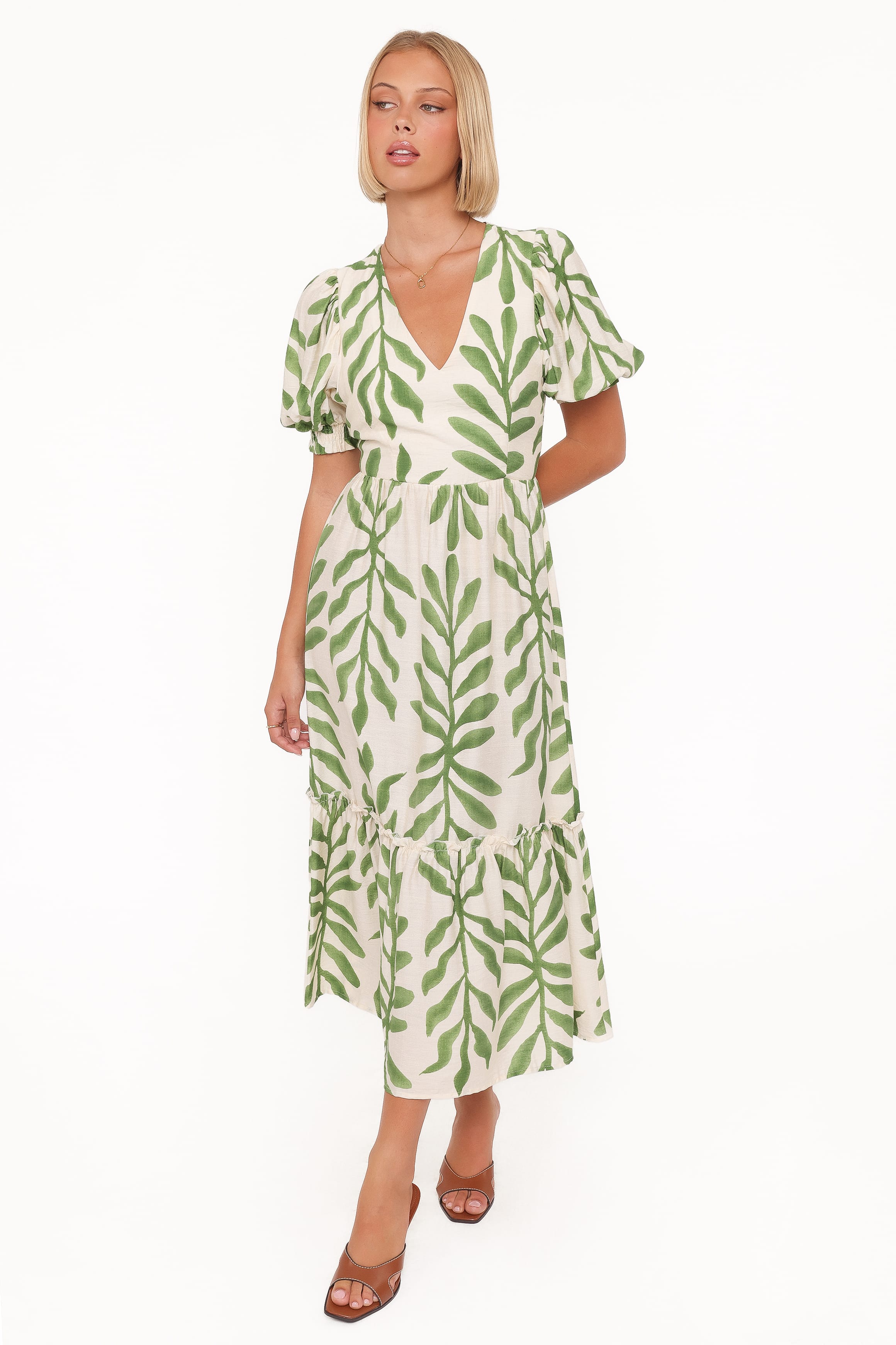 Petal and Pup USA DRESSES Steele Puff Sleeve Midi Dress - Green Palm