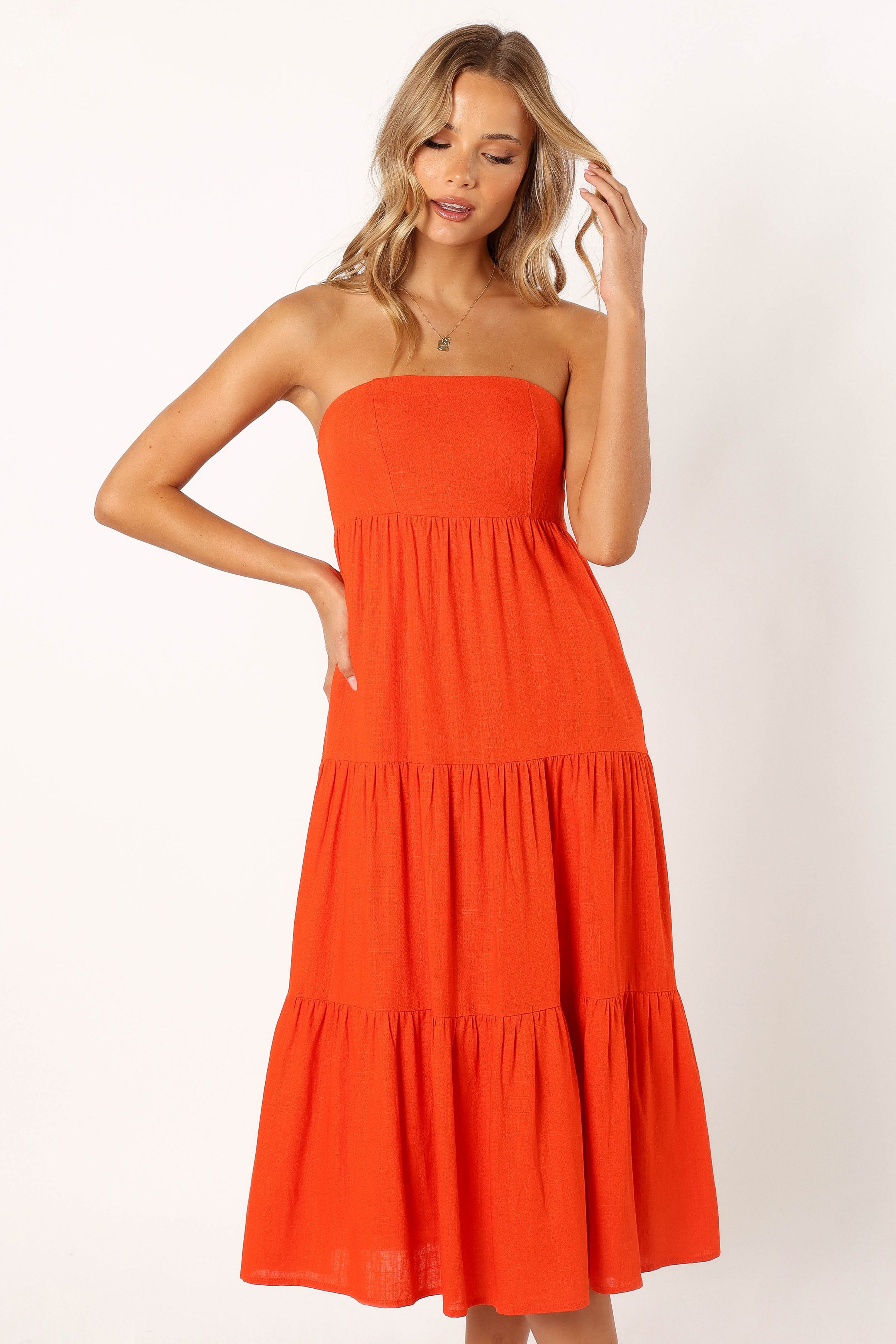 Petal and Pup USA DRESSES Tabi Strapless Midi Dress - Coral Red