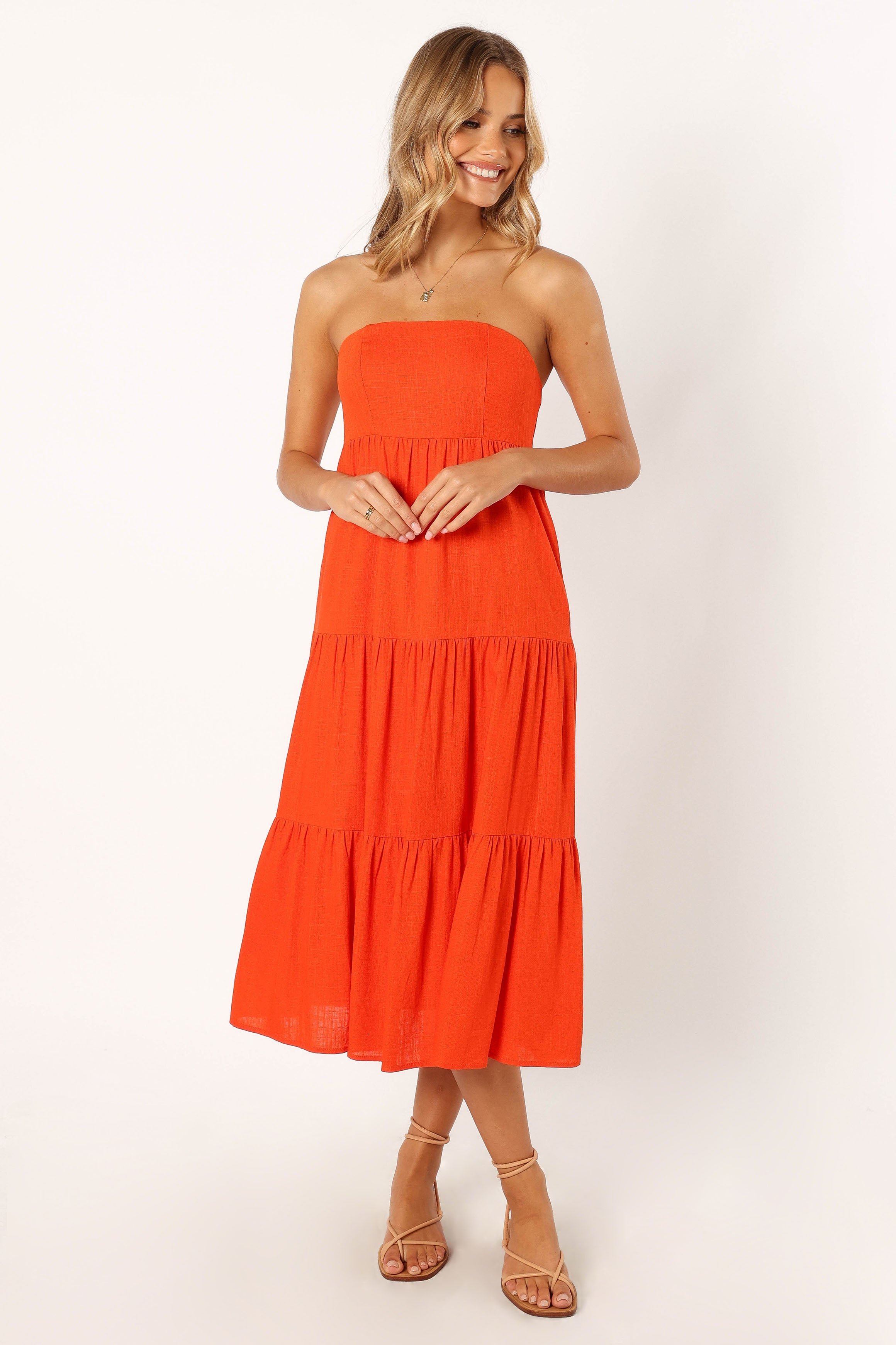 Petal and Pup USA DRESSES Tabi Strapless Midi Dress - Coral Red