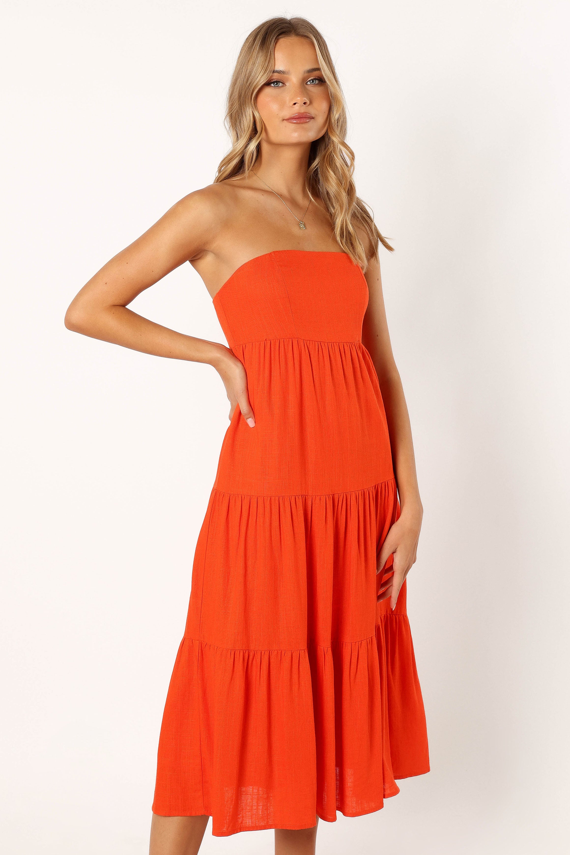 Petal and Pup USA DRESSES Tabi Strapless Midi Dress - Coral Red