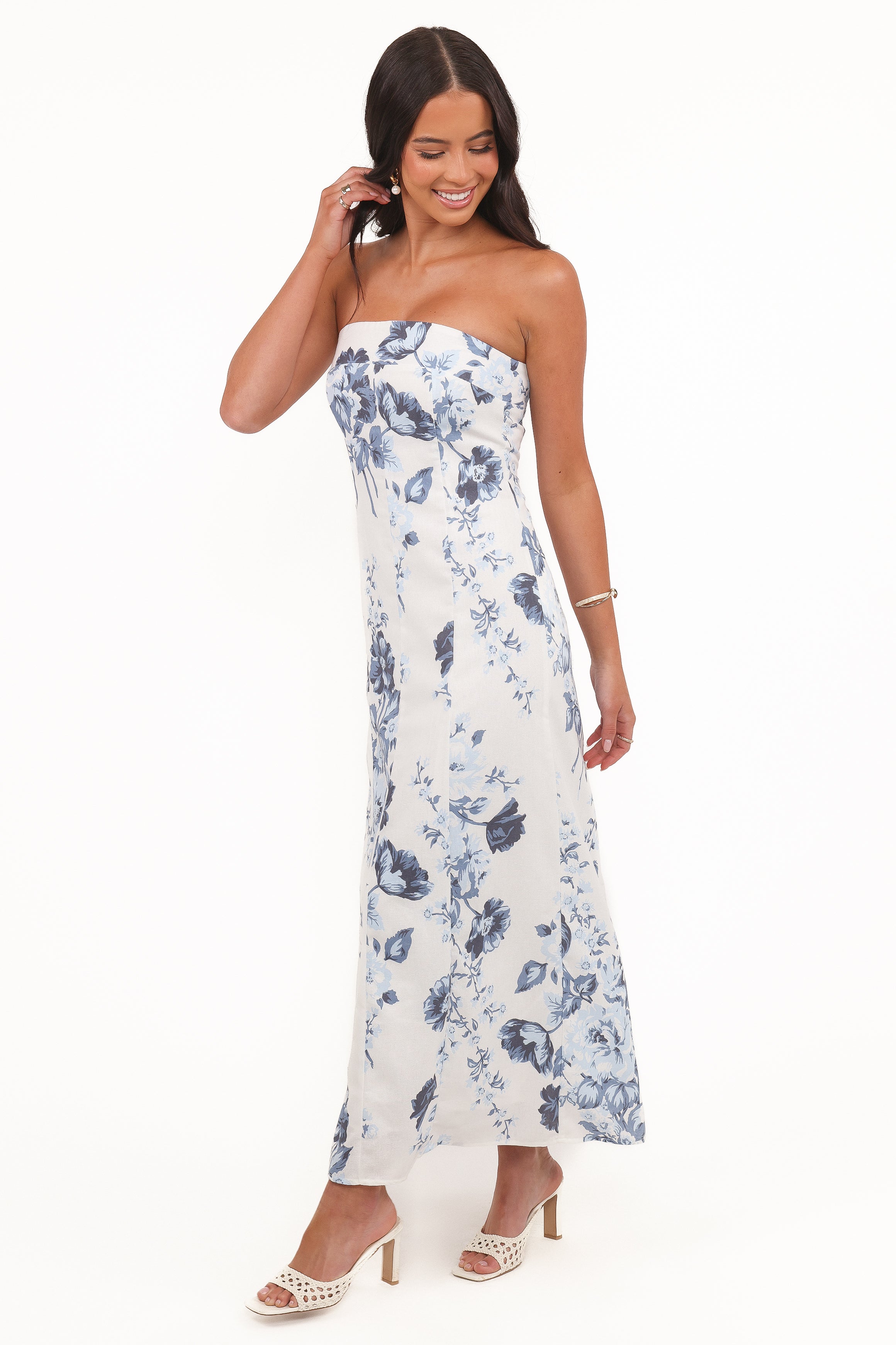 Petal and Pup USA DRESSES Tamira Strapless Midi Dress - Blue Floral