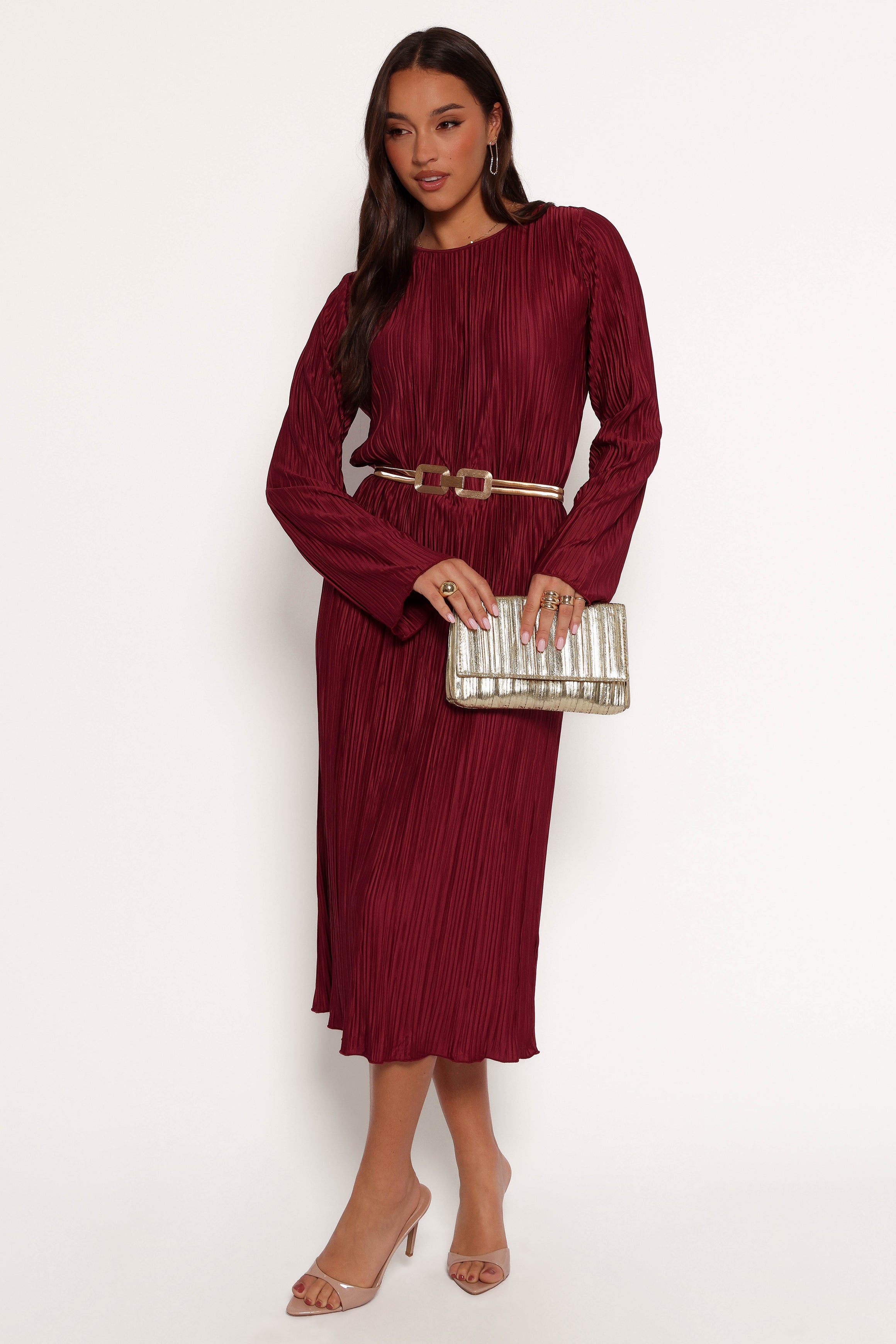 Petal and Pup USA DRESSES Tannikah Plisse Midi Dress - Ruby Wine