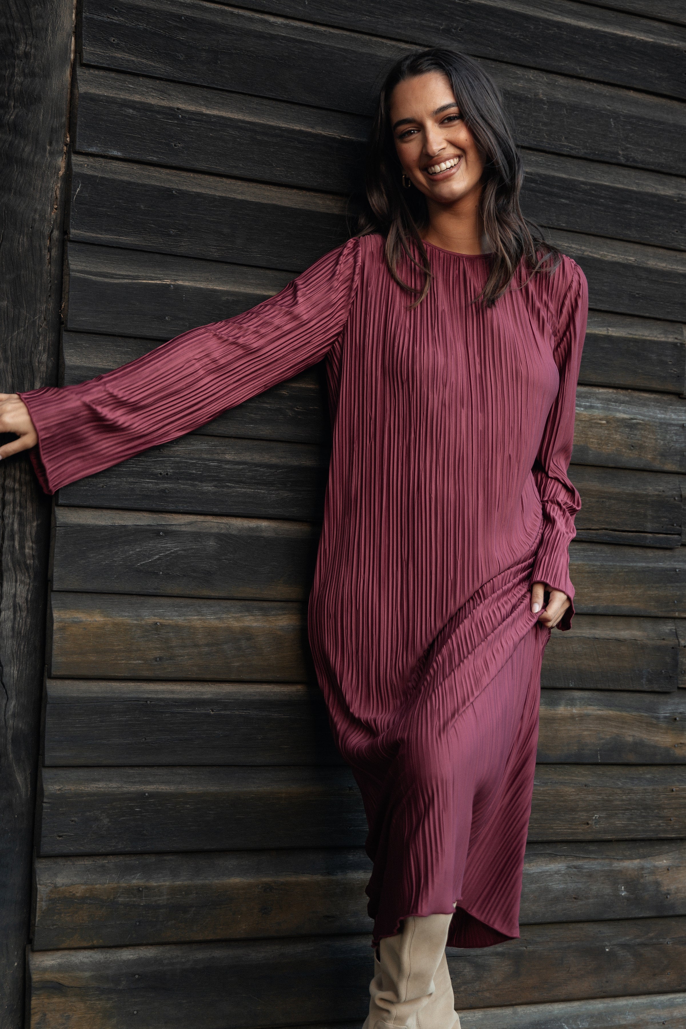 Petal and Pup USA DRESSES Tannikah Plisse Midi Dress - Ruby Wine (Hold for Rack)