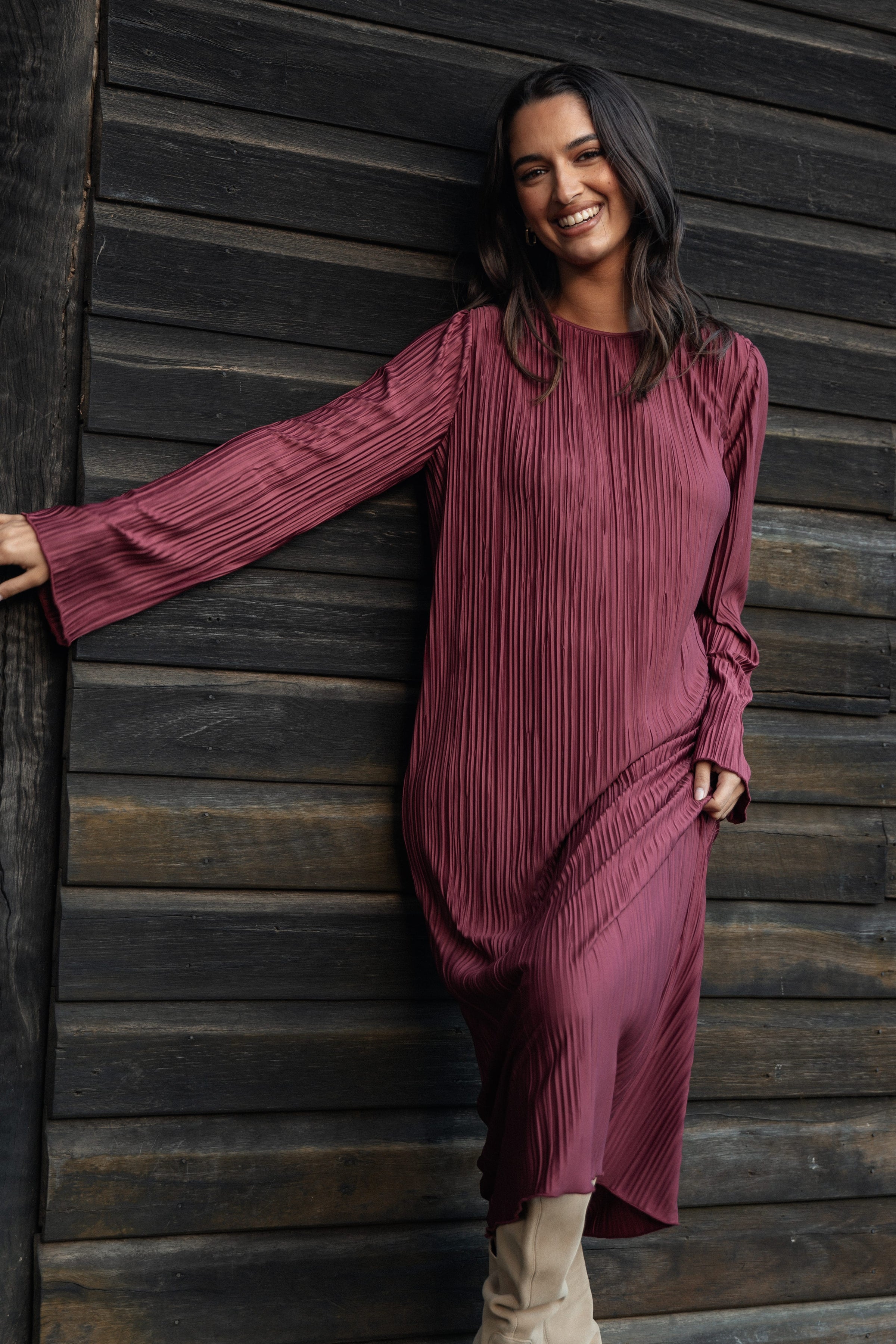 Petal and Pup USA DRESSES Tannikah Plisse Midi Dress - Ruby Wine (Hold for Rack)