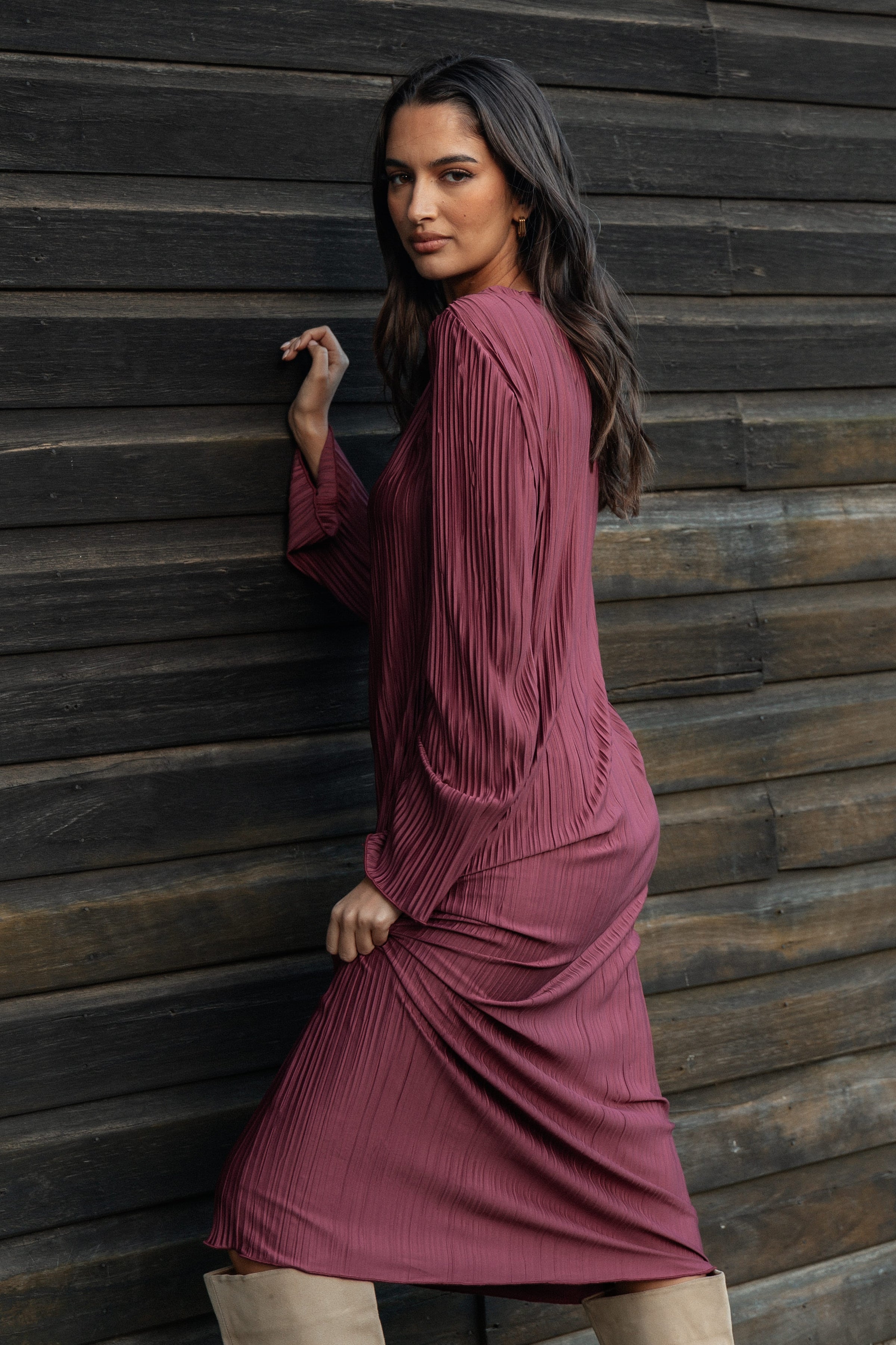 Petal and Pup USA DRESSES Tannikah Plisse Midi Dress - Ruby Wine (Hold for Rack)