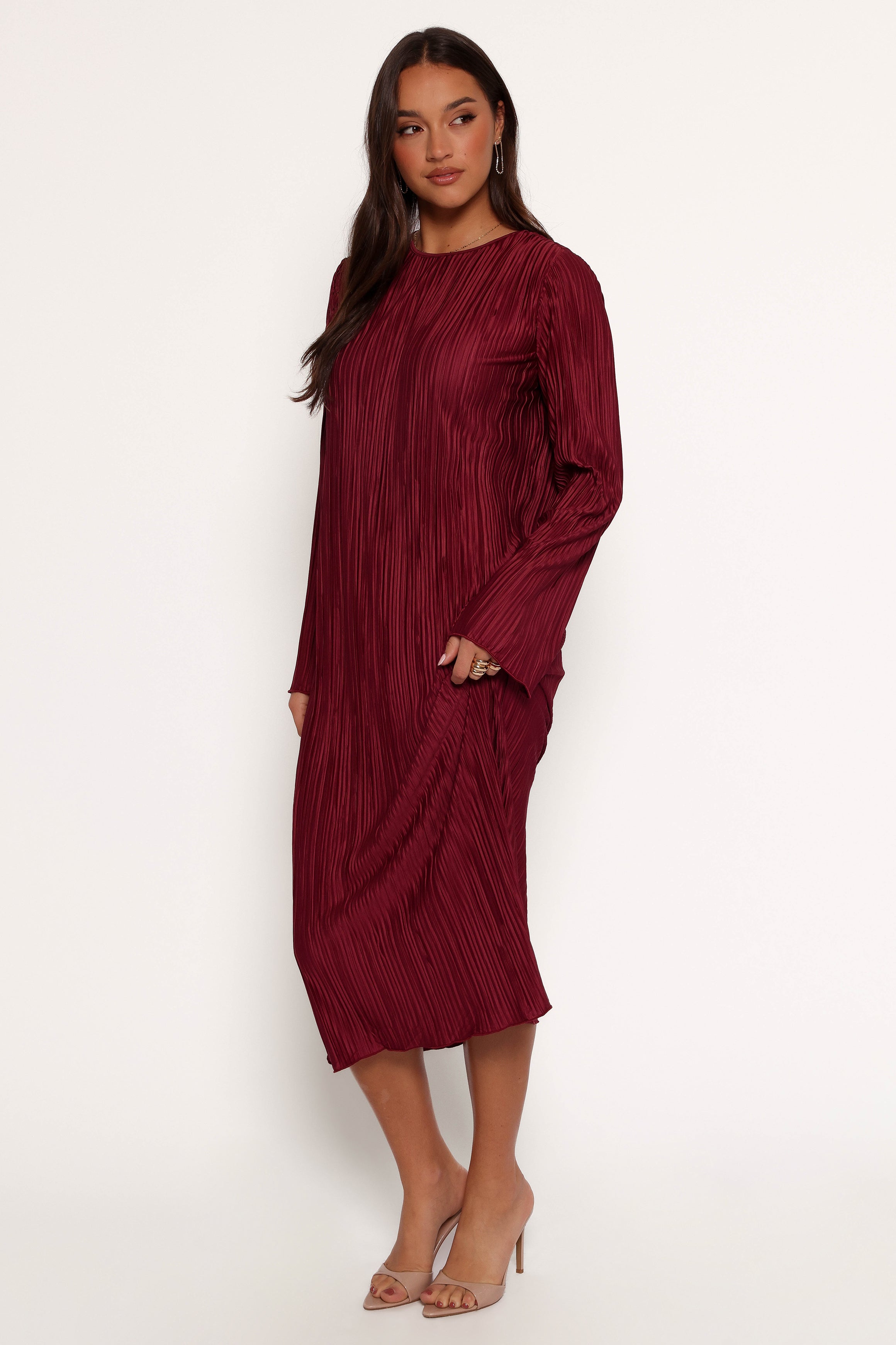 Petal and Pup USA DRESSES Tannikah Plisse Midi Dress - Ruby Wine (Hold for Rack)