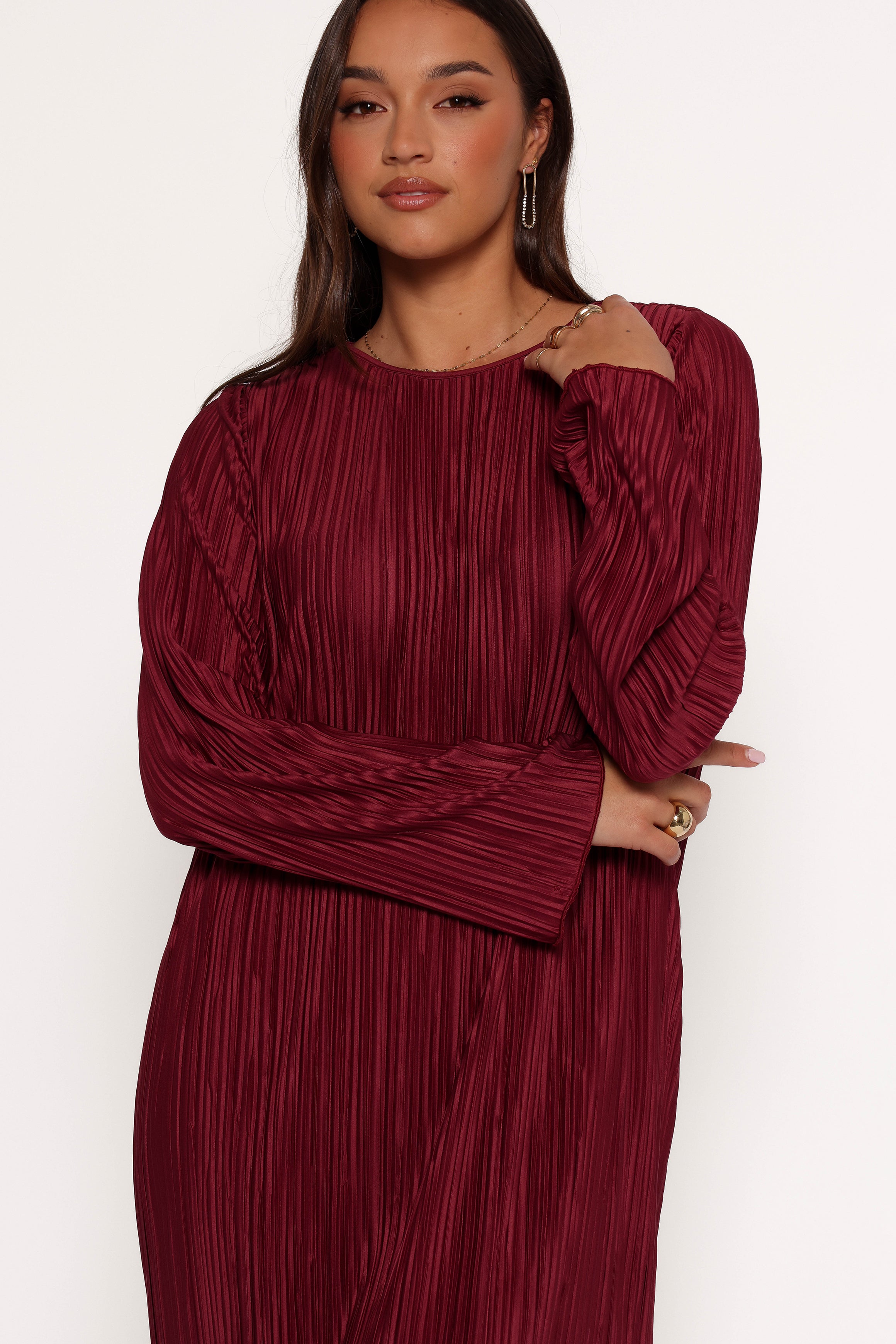 Petal and Pup USA DRESSES Tannikah Plisse Midi Dress - Ruby Wine (Hold for Rack)