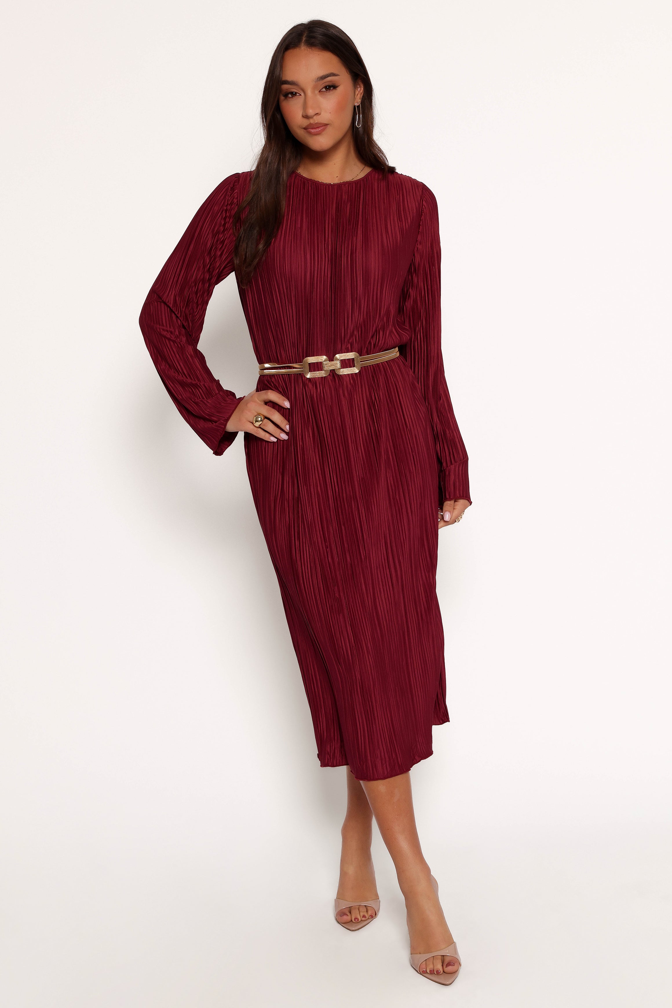 Petal and Pup USA DRESSES Tannikah Plisse Midi Dress - Ruby Wine (Hold for Rack)